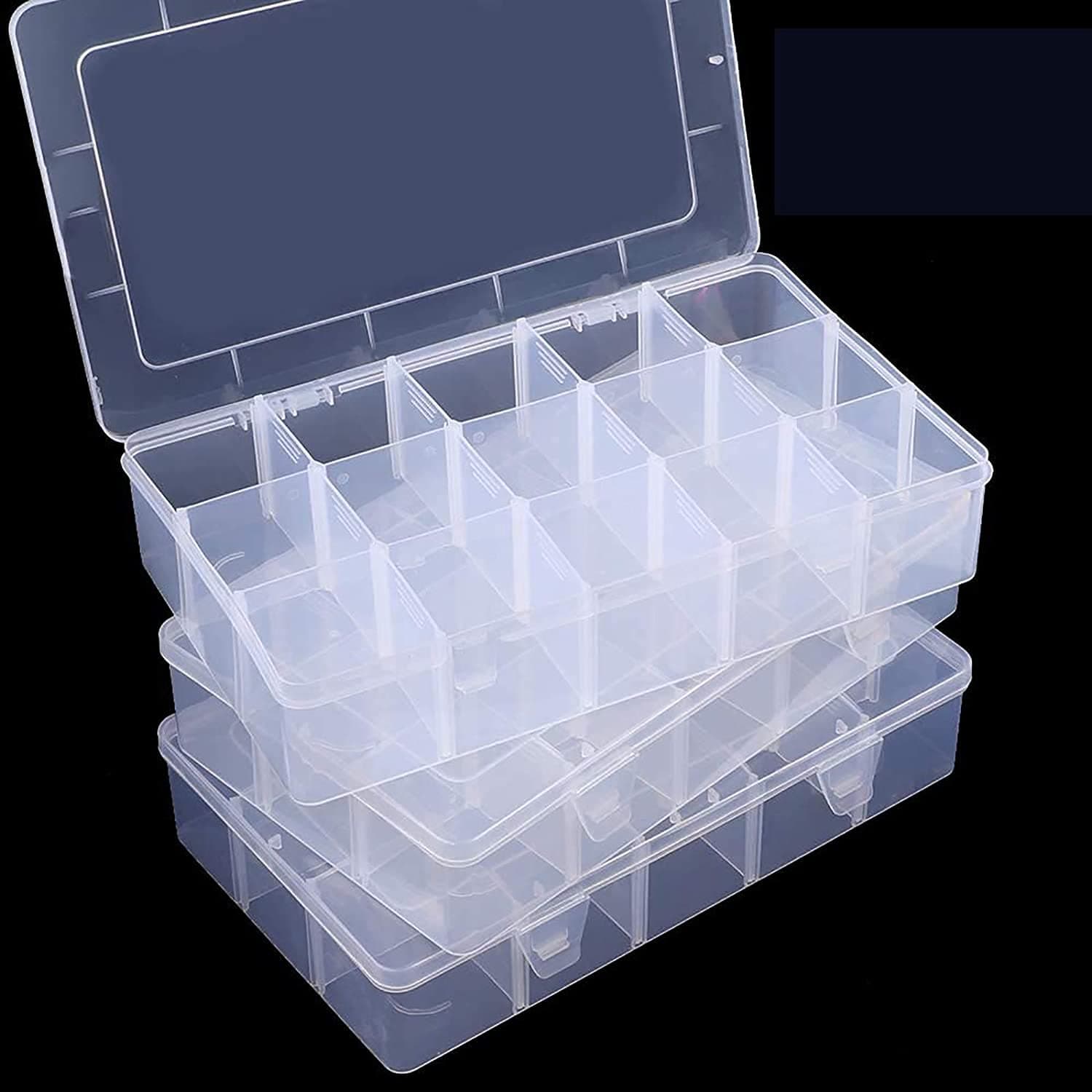 SGHUO3 Pack15 Grids Large Plastic Storage Box Organizer Box,15 Compartments with Dividers for Tackle Box,Beads,Washi Tape,Ribbon, Crafts, Art Supply 10.9X6.5X2.2inch