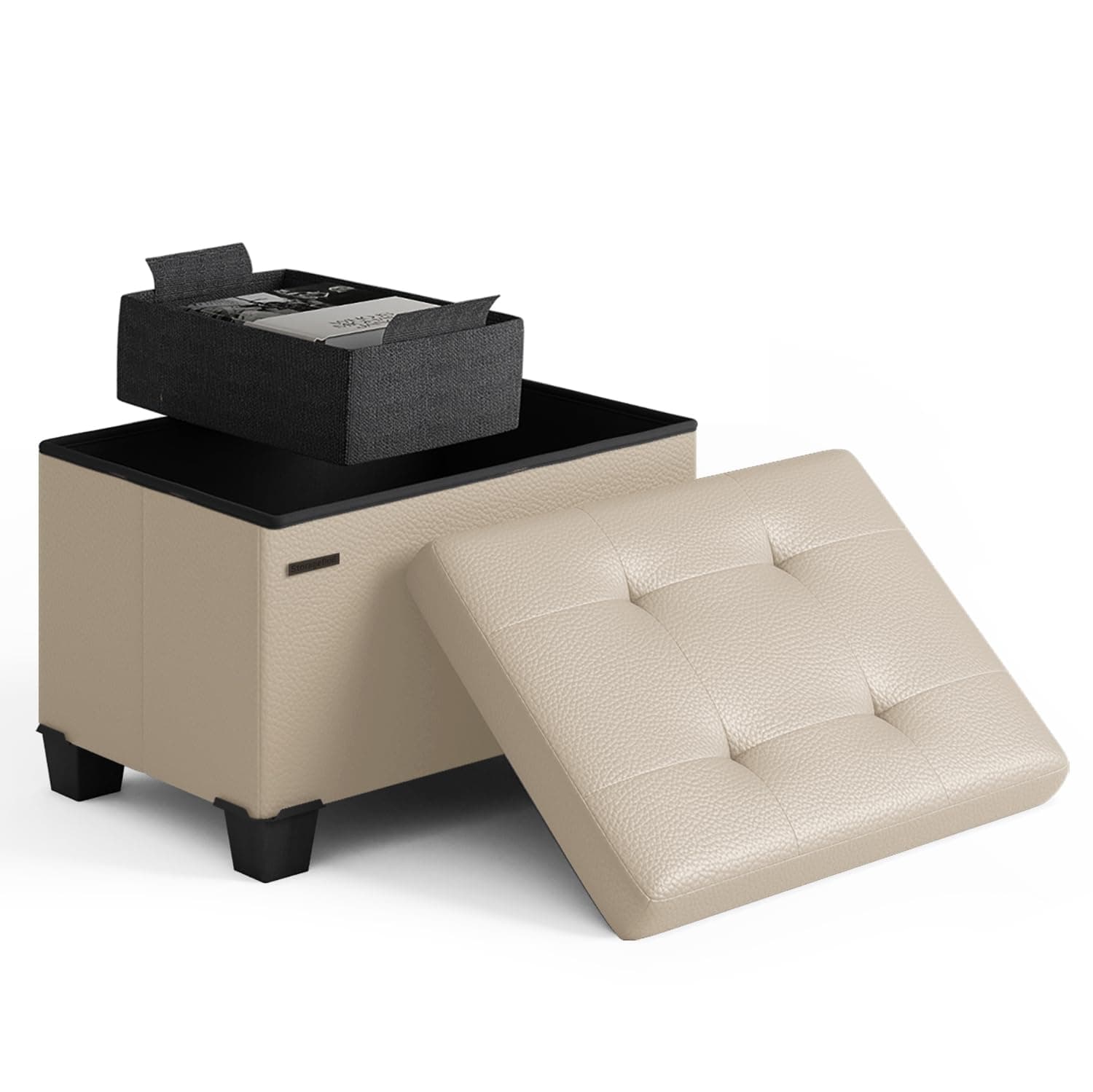 STORAGEBUD Storage Ottoman Cube with Small Bin, 16-in Square Ottoman with Storage for Living Room and Bedroom, Small Ottomans Foot Rest, Faux Leather Foot Stools Ottomans Max 330lbs, Beige