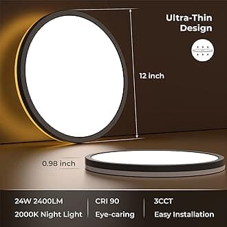 Matane 2Pack LED Flush Mount Ceiling Light Fixture with Night Light, 12inch 24W 2400LM 3000K/4000K/5000K Selectable, Dimmable LED Ceiling Lights for Bedroom, Dining Room, Kitchen, Round Black