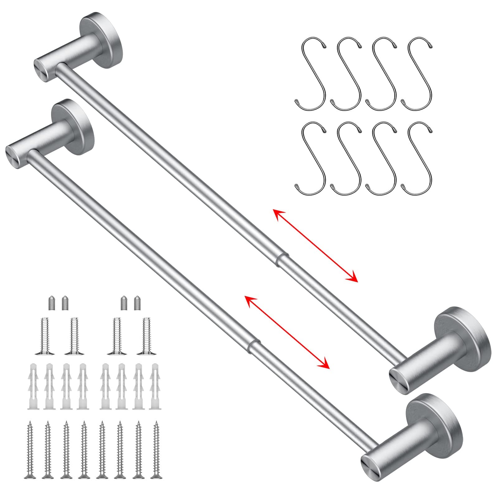 2 Pack Adjustable 16 to 27.6 Inch Single Towel Bar, iMomwee Satin Brushed Nickel Finished SUS304 Stainless Steel Bathroom Towel Holder, Wall Mount Towel Rail Hanger for Kitchen Washroom (1" Diameter)