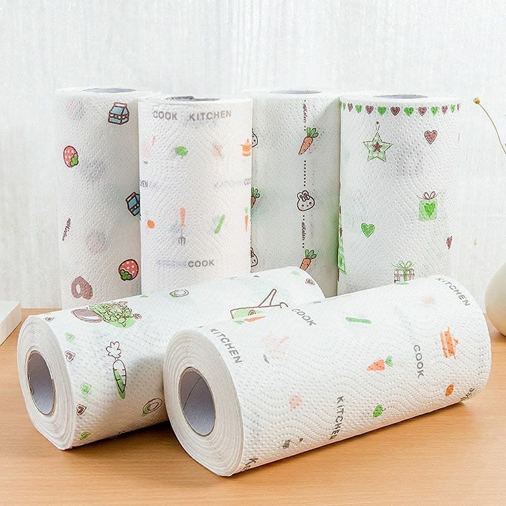 KS ENTERPRISE Non-Woven Reusable Kitchen Printed Tissue Roll Non-stick Oil Absorbing Paper Roll Kitchen Special Paper Towel Wipe Paper Pack Of (5)