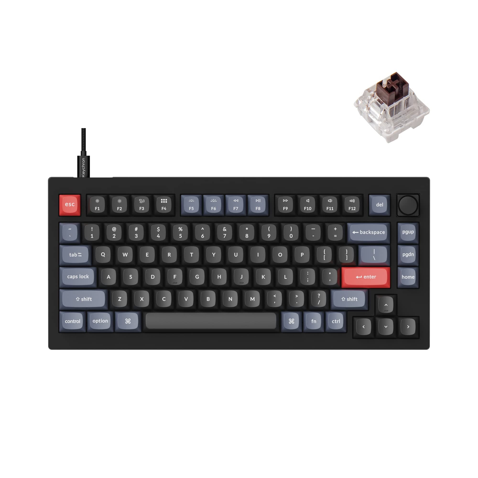 V1 Wired Custom Mechanical Keyboard Knob Version, 75% Layout QMK/VIA Programmable with Hot-swappable Keychron K Pro Brown Switch Compatible with Mac Windows Linux Carbon Black Translucent