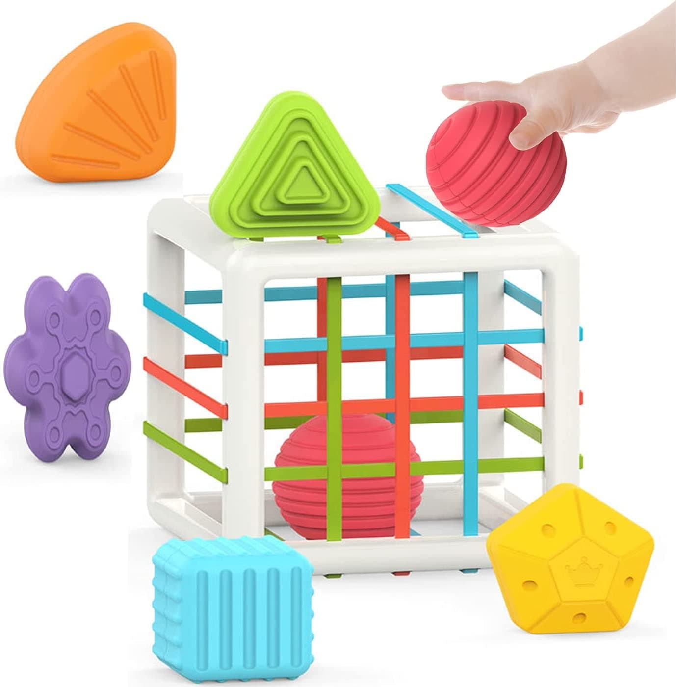 Baybee 6 Pcs Multi Sensory Shape Sorting Cube Toys for Kids with Elastic Bands, 6 Different Shape Sorter Blocks for Kids | Learning Stacking Sorting Blocks Toys for kids Toddlers 1+ Years Boy Girl