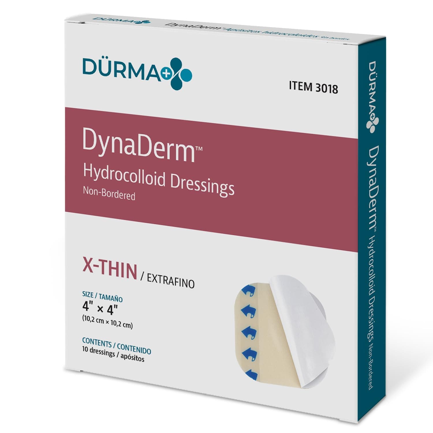 Dynarex Dürma+ DynaDerm™ Hydrocolloid Dressing - Sterile Non-Bordered Wound Patch - Water-Resistant - Flexible Protection - X-Thin - 4" x 4" - 10 per Box, 12 Boxes per Case