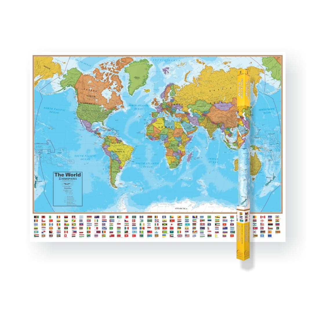 Hemisphere World Wall Map with Flags - 51"W x 38"H - UP-TO-DATE Cartography & Laminated for use with Dry Erase Marker - Perfect for Home, Office and Classroom