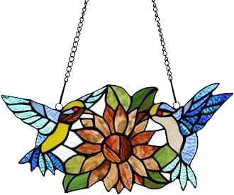 Bieye W10006 Hummingbirds Flower Tiffany Style Stained Glass Window Hangings Panel with Chain, 15" W x 7" H