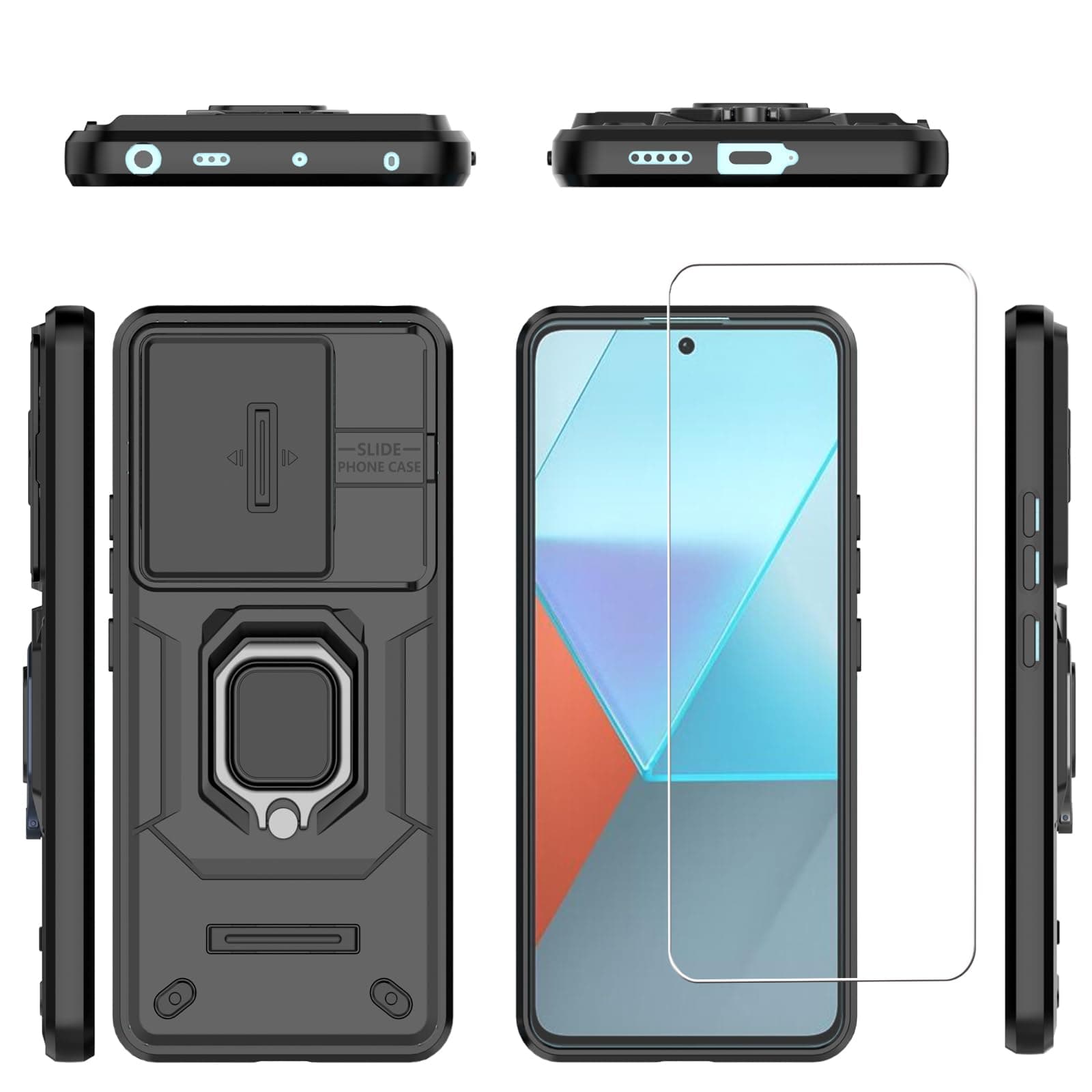for XiaoMi RedMi Note 13 Pro 5G Case with [2 Pack] Tempered Glass Screen Protector, XiaoMi RedMi Note 13 PRO 5G [Military-Grade] Protective Armor，Lens Protects Magnetic Kickstand Case Black