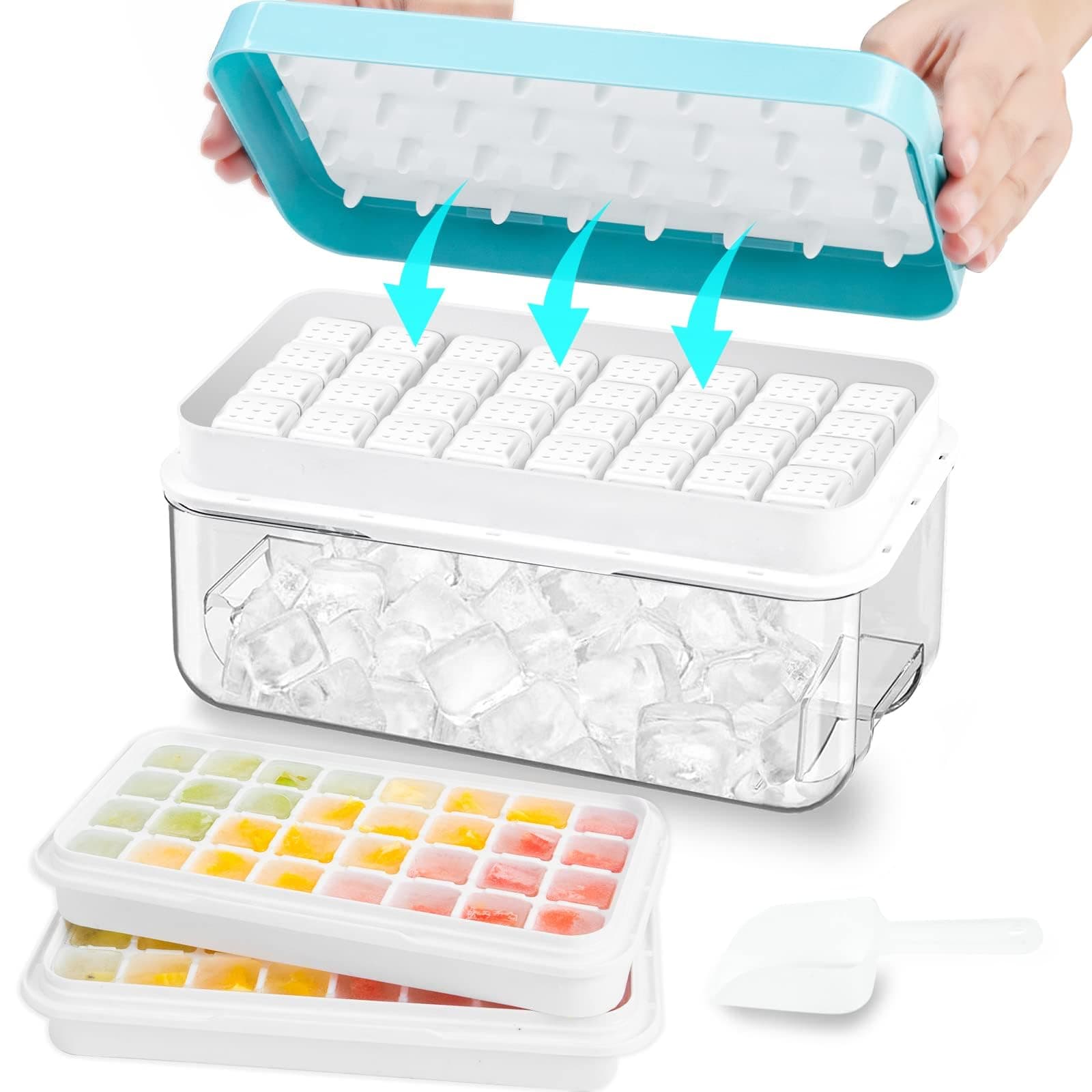 Ice Cube Tray with Lid and Bin, ZZWILLB 64 pcs Ice Trays for Freeze with 2 Trays, Ice Cube Pop Out Tray for Freezer, Ice Cube Molds, BPA Free, Easy Release Stackble Spill-Resistant (Blue)