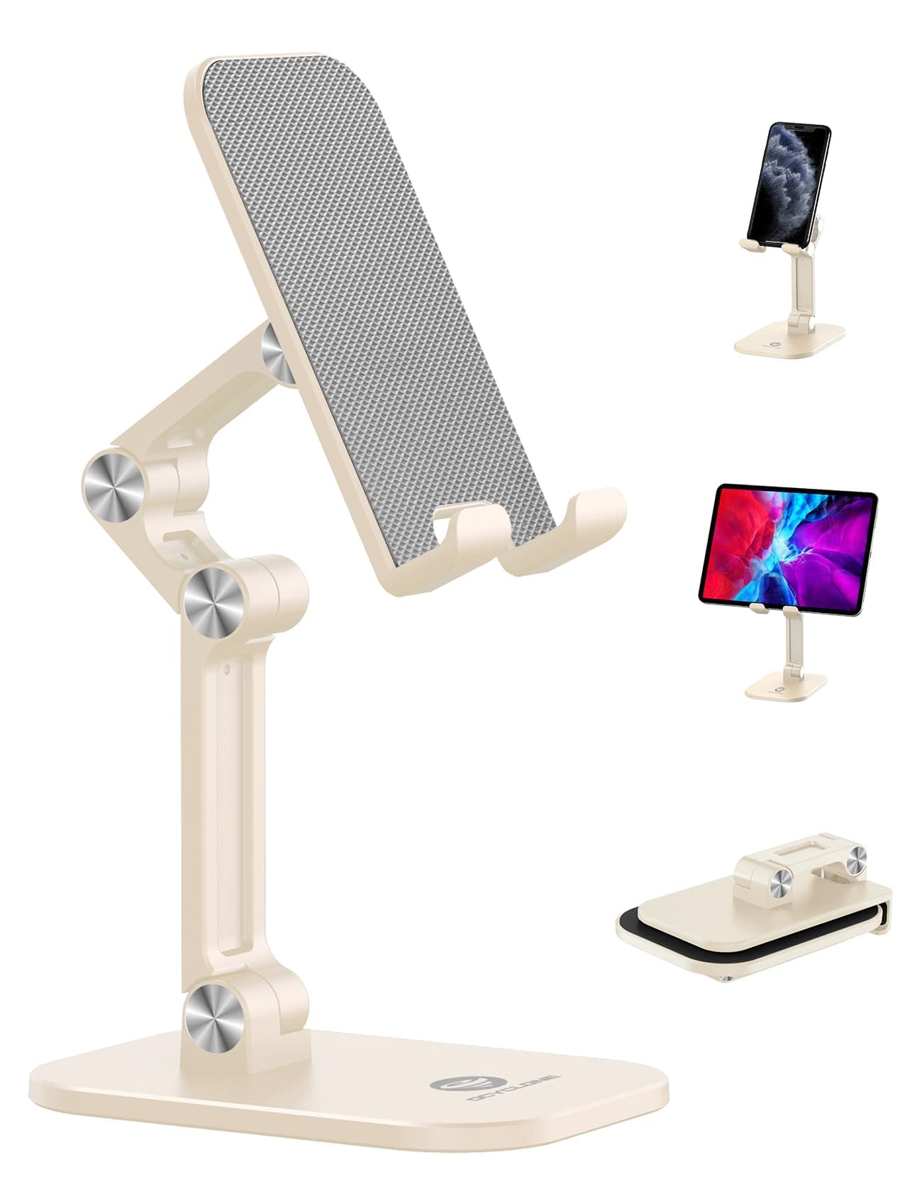 OCYCLONE Phone Stand, Adjustable Height and Angle Cell Phone Stand for Desk Foldable Holder, Taller iPhone Stand Compatible 4-11 Inch All Mobile Phone/iPad/Tablet - Beige