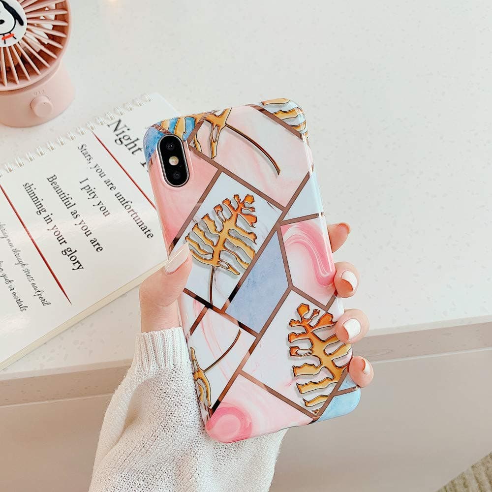 ZEZON Geometric iPhone 11 Case,Soft Silicone iPhone 11 Marble Cover,Rubber Gel Granite Chrome Cell Phone Case Cover for Apple iPhone 11 6.1 inch Golden Leaf