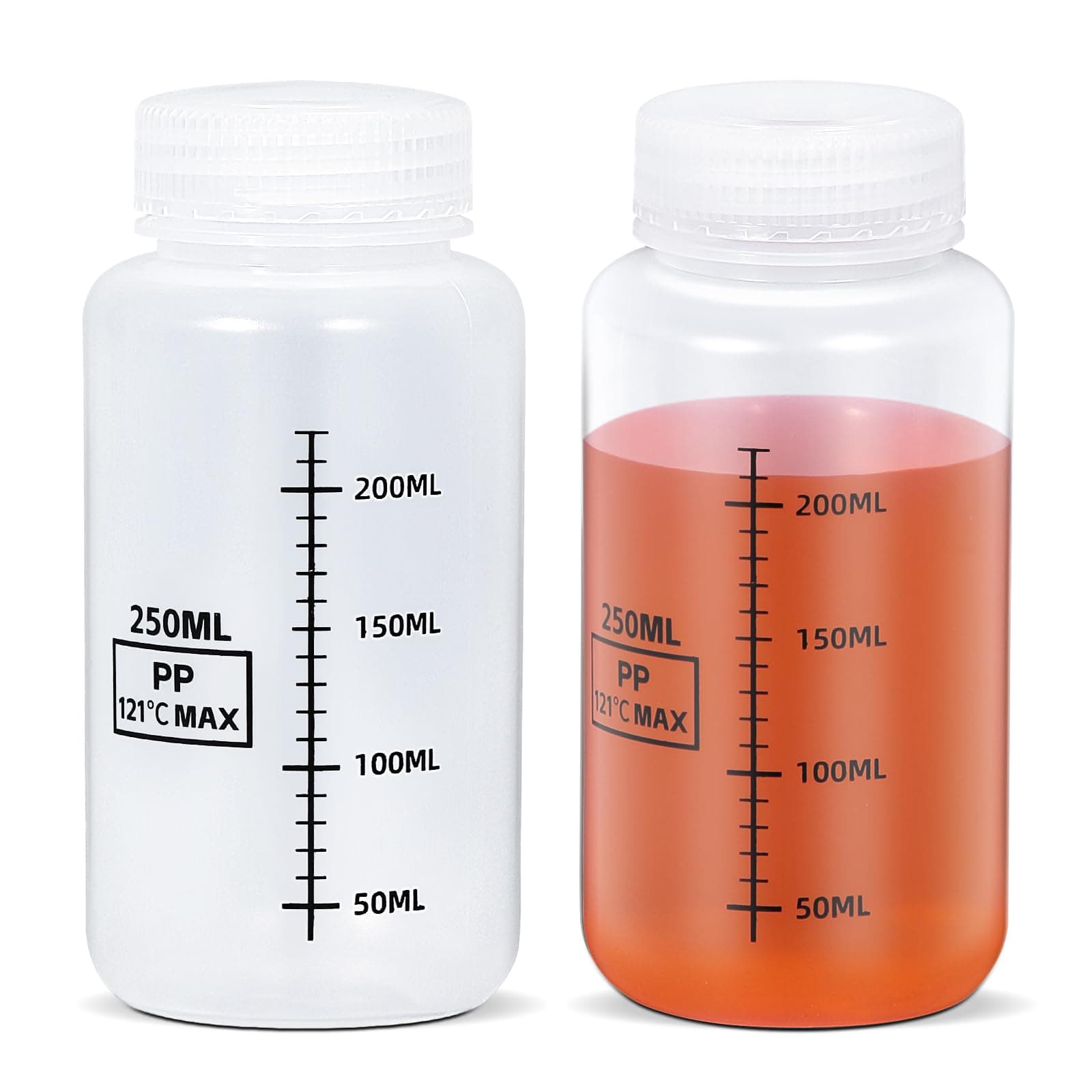 8.4oz/250ml Plastic Storage Bottles, Laboratory Grade PP Reagent Bottle Sample Bottles, Graduated Wide Mouth Liquid/Powder Containers Medicine Jars (Transparent, 2 Pcs)
