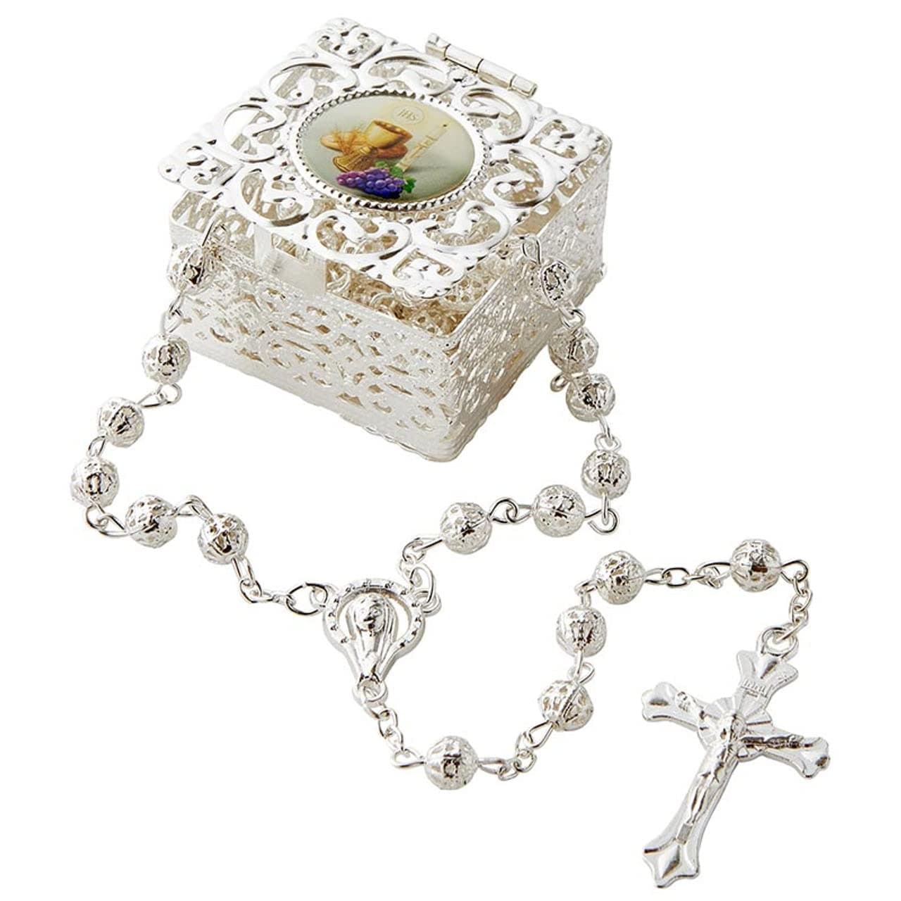 My First Communion Rosary Box Gift Set Includes Silver Metal Filigree Hinged Rosary Box with Chalice and Host Design and Silver Beads Rosary Necklace, 1 5/8" SQ, Zinc, No Gemstone
