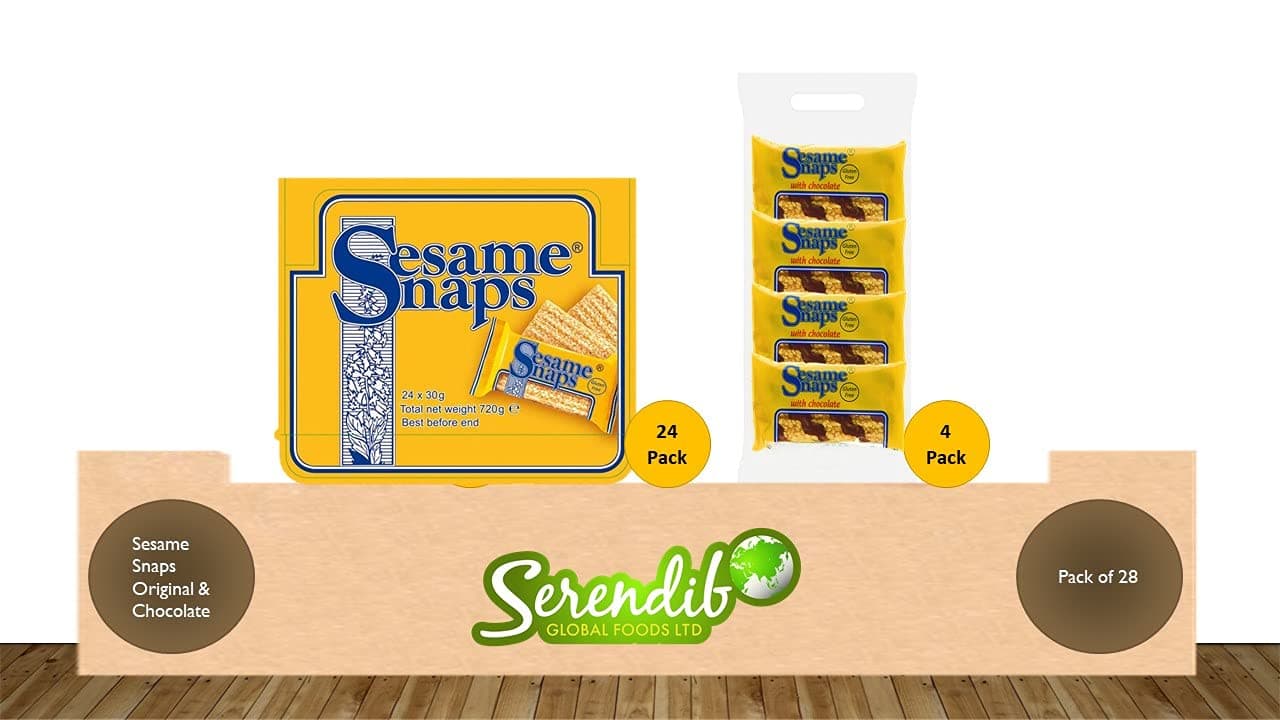 Sesame Snaps Original Flavour 24 Pack & Chocolate Flavour 4 Pack (30g Each) | Gluten-Free | Suitable for Vegetarians