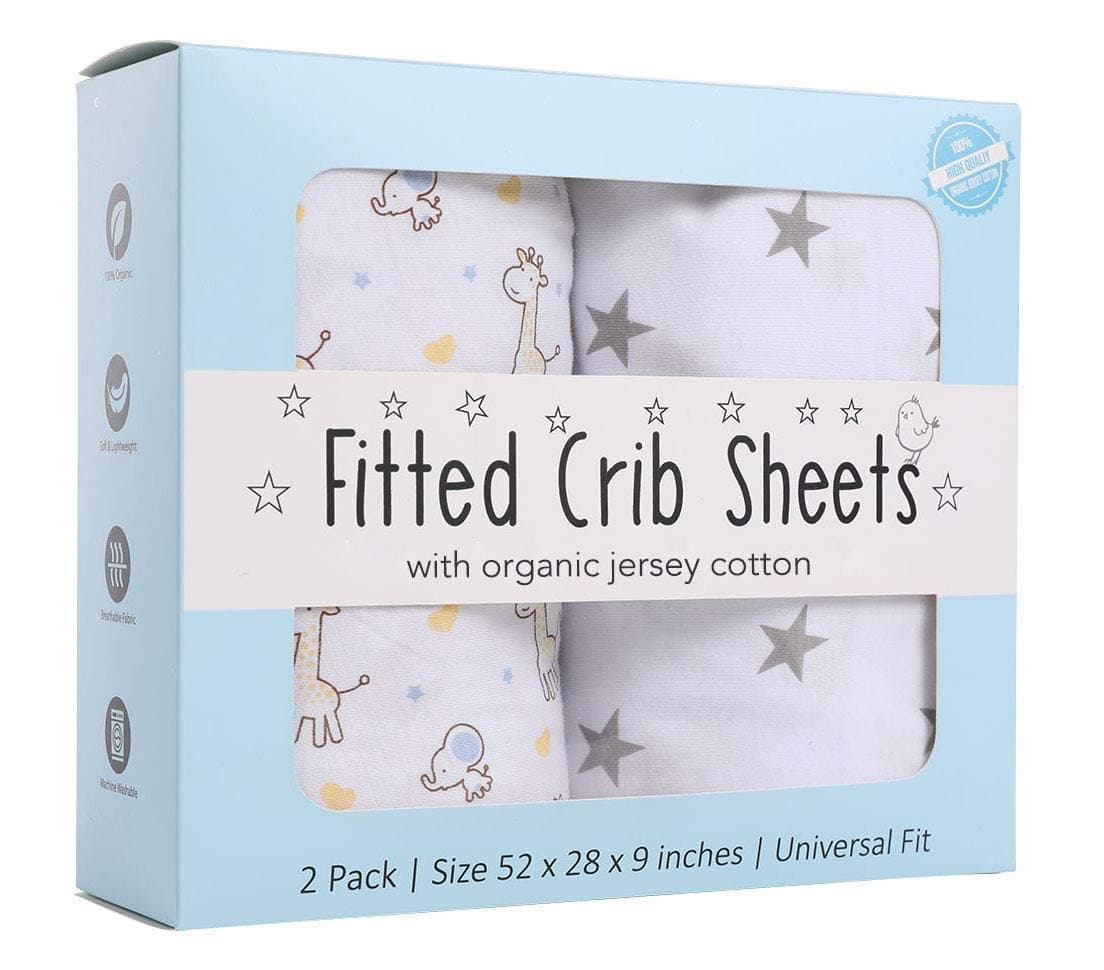 Dokicat Mosa Creations Fitted Crib Sheets Set | 2 Pack | 100% Organic Jersey Cotton | Unisex Star and Animal Print Nursery Bedding Sheets for Baby Boy or Girl…