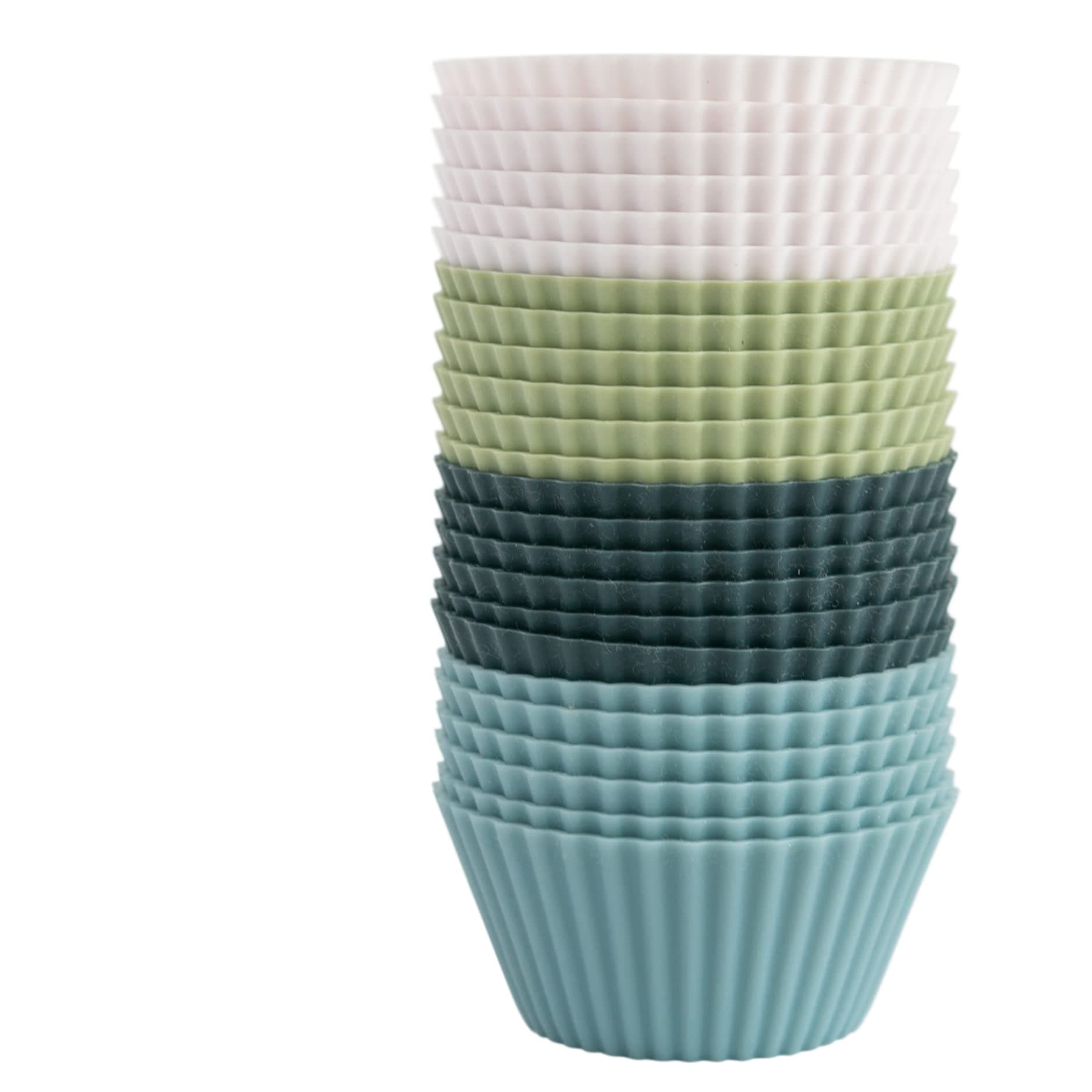 The Silicone Kitchen Reusable Silicone Baking Cup Silicone Muffin Liners for Cupcakes, BPA Free, Regular, 24 Pack, White Blue Green
