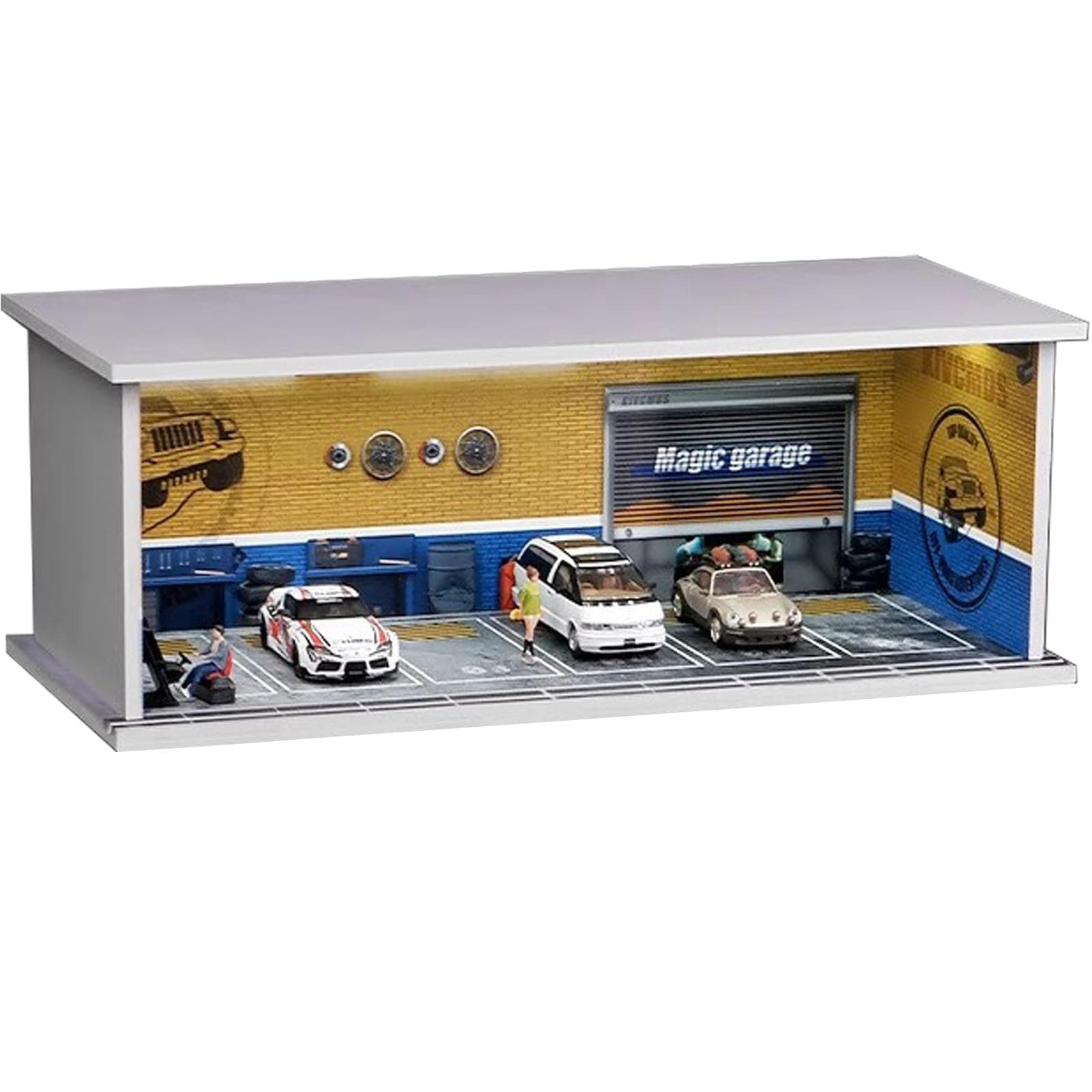 Display Case for Hot Wheel with LED Light Stackable Mega Garage Storage for 1:64 Matchbox & Diecast Cars 6-Slot Parking Diorama with Illuminated Showcase (Yellow-Garage)