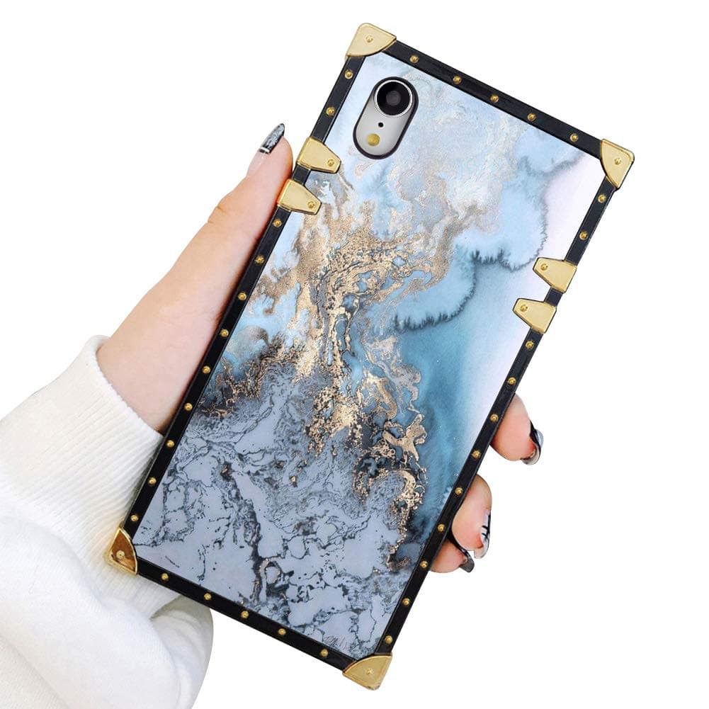 Square Case Compatible iPhone XR Gold Blue Marble Luxury Elegant Soft TPU Shockproof Protective Metal Decoration Corner Back Cover Case iPhone XR Case 6.1 Inch