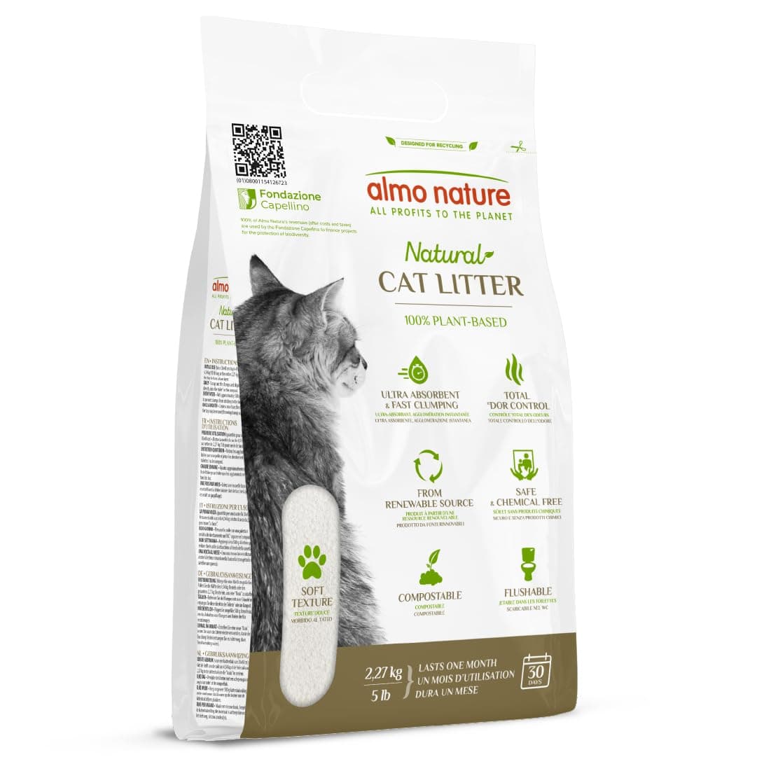 almo nature Cat Litter – Soft Texture | 100% Natural, Plant-Based, Non-Clumping, Non-Clay, Non-Silica | Odour-Free & Robot-Friendly - 2.27kg