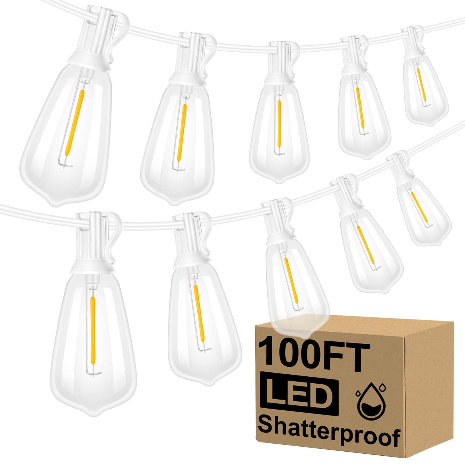 Brightever LED Outdoor String Lights,100FT Patio Lights with 52 Shatterproof ST38 Vintage Edison Bulbs 2700K Dimmable, Outside Hanging Light Waterproof for Porch Deck, Garden, Backyard, Balcony White