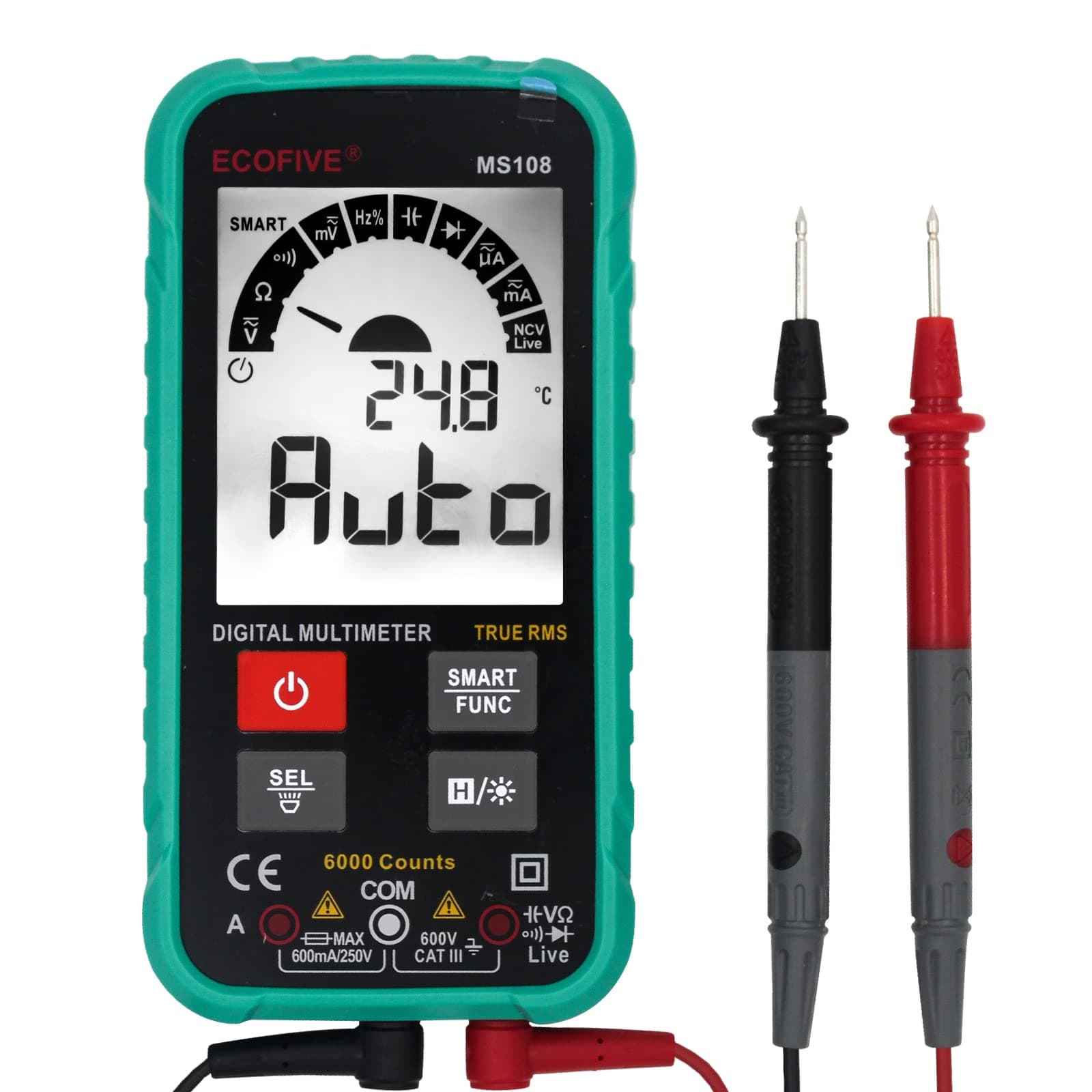 Labloot Ecofive MS108 6000 Counts True RMS AC/DC Voltage Current Diode Capacitance Frequency NCV Digital Multimeter