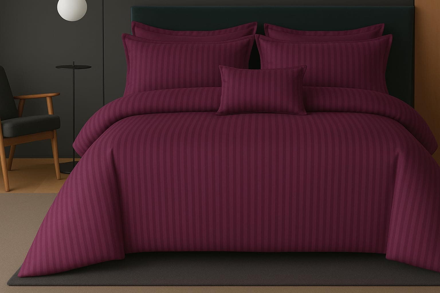 - PRISCILLA 220 GSM 400TC Microfiber Satin Stripe Cotton AC Comforter Set King Size Double Bed with 1 Flat bedsheet-90x100 inch and Two Pillow Covers II 4 pc Bedding Set for Home|Hotels| (Wine)