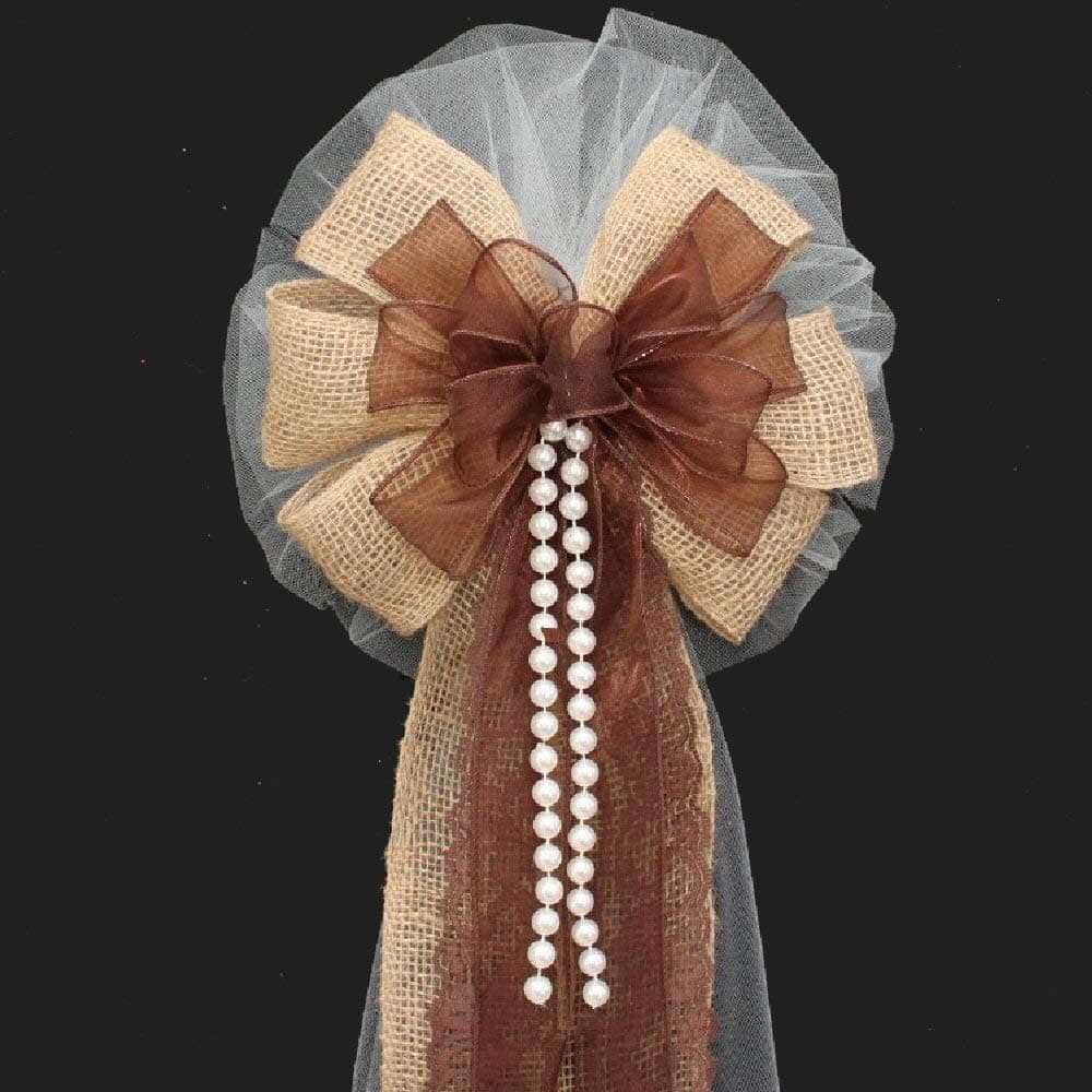 Brown Burlap Lace Pearl Rustic Wedding Pew Bow