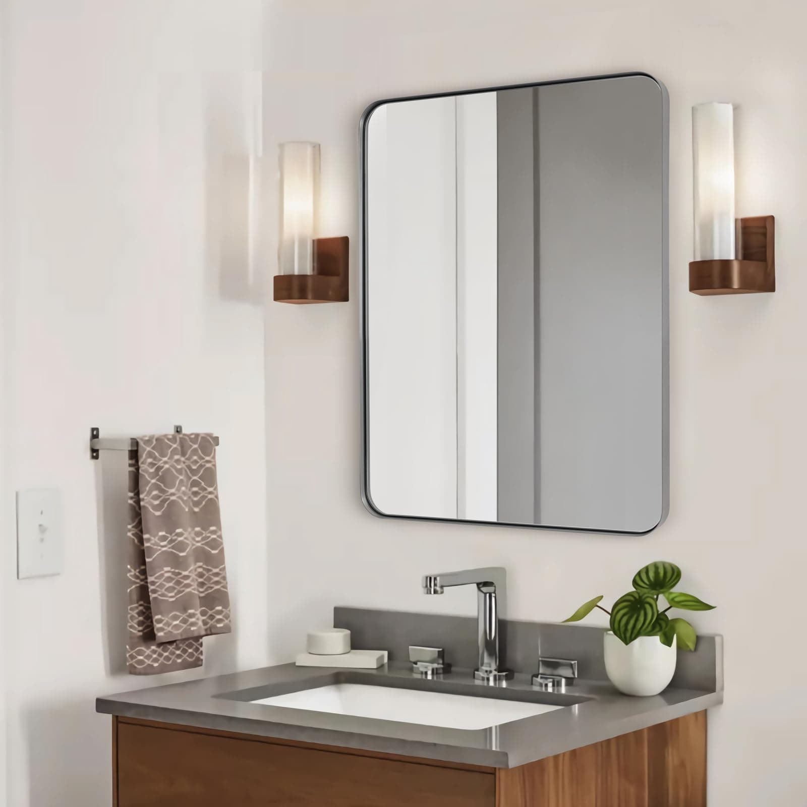 ANDY STAR Grey Bathroom Mirror for Wall, 24"x40" Rounded Rectangle Metal Mirror, Modern Gey Bathroom Vanity Mirror, Anti Rust Stainless Steel Frame, Hangs Horizontally or Vertically