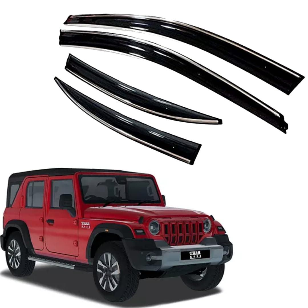 Premium Chromeline & Silverline Unbreakable Car Rear Window Wind Deflectors & Side Door Visor Rain Guard Compatible with (Mahindra Thar Roxx (2024 Onwards))