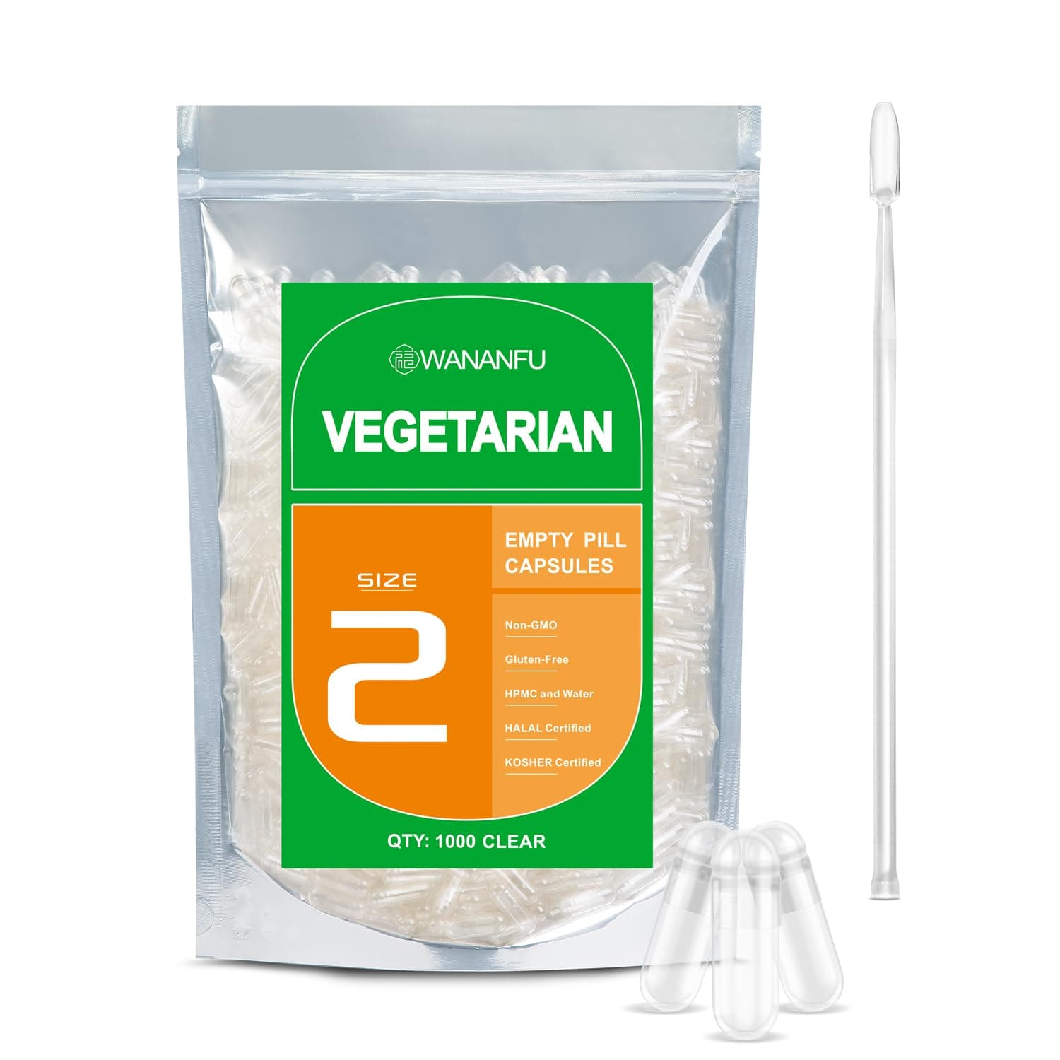 WANANFU Size 2 Empty Capsules Vegetarian (100 Count) Bundle with 2 Micro Lab Spoons, Compatible with Capsule Filling Machine Size 2