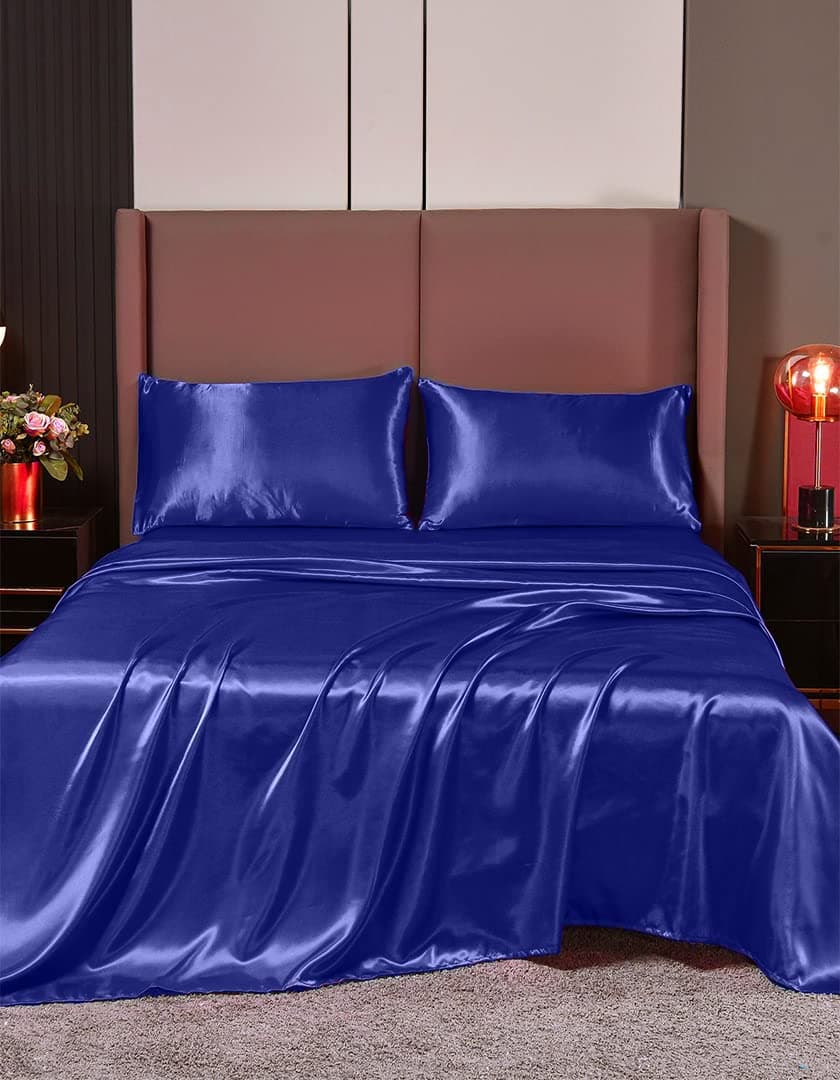 Cloud Fino 4 Pc Silk Satin Sheets Set | Silk Satin Fitted Sheet | Silk Satin Flat Sheet | Silk Pillowcase | 4 Pc Silk Satin Sheet Set | Hotel Quality Silky Soft Luxurious !!!! Cal-Queen, Royal Blue
