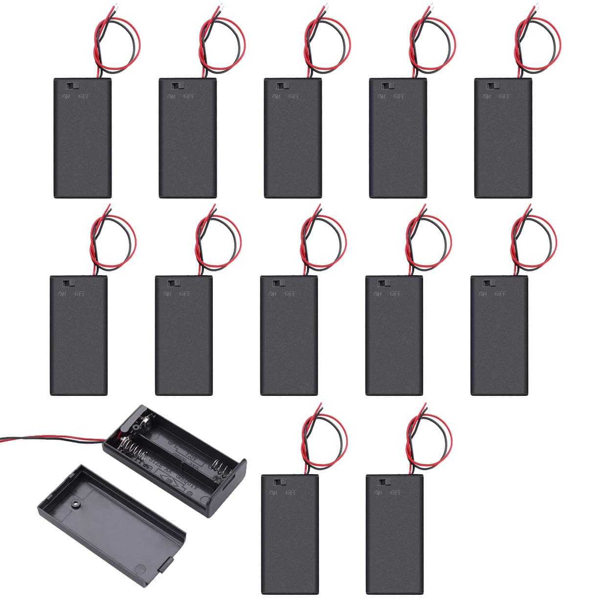Balpha 12pcs/1 Donzen 2X 1.5V AA Battery Holder Case Box with Cover & with ON/Off Switch Wires Leads(12x 2aa)
