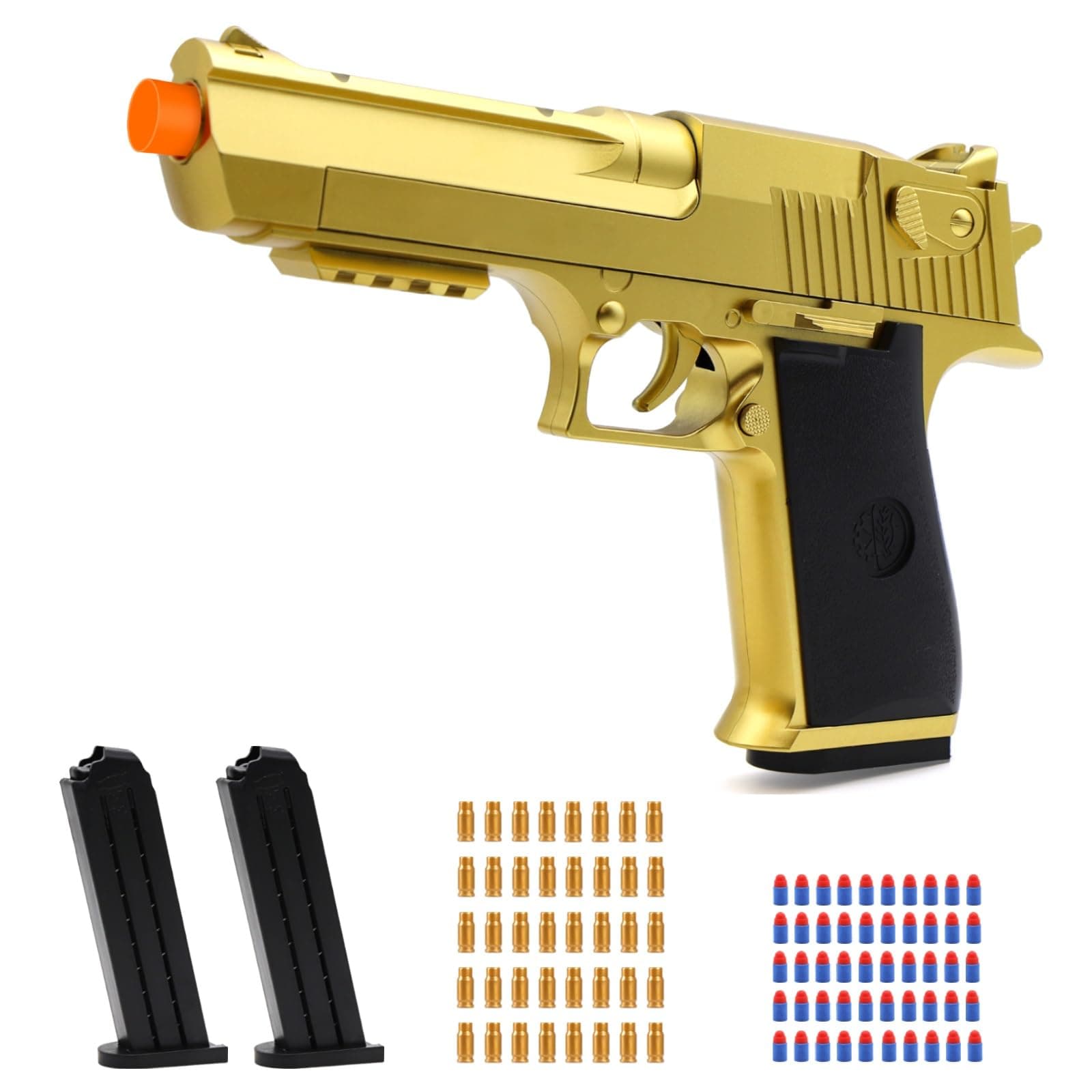 Gold Soft Bullet Toy Gun Shell Ejecting for Boys, Shooting Game Toy Pistol with 50 Foam Bullets, 40 Shells & 2 Clips, Ideal Christmas Birthday Gift for Boys Adults