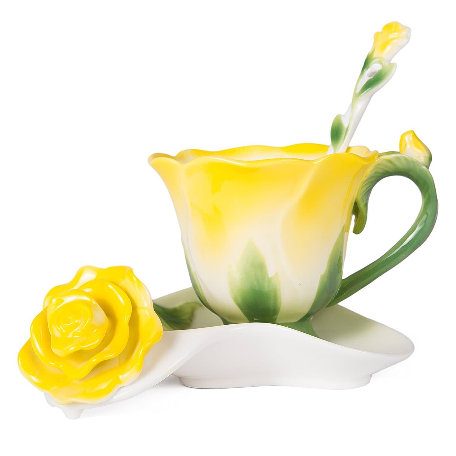 YBK Tech Creative 3D Rose Bone China Ceramic Coffee Mugs Afternoon Tea Cup and Saucer Set (Yellow)