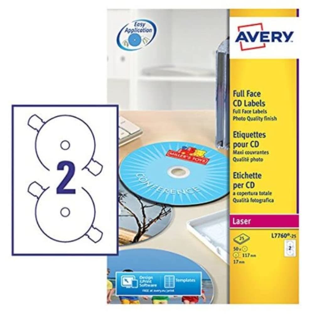 Avery L7676-100 Self-Adhesive Opaque Full Face CD Labels, 2 Labels Per A4 Sheet, White