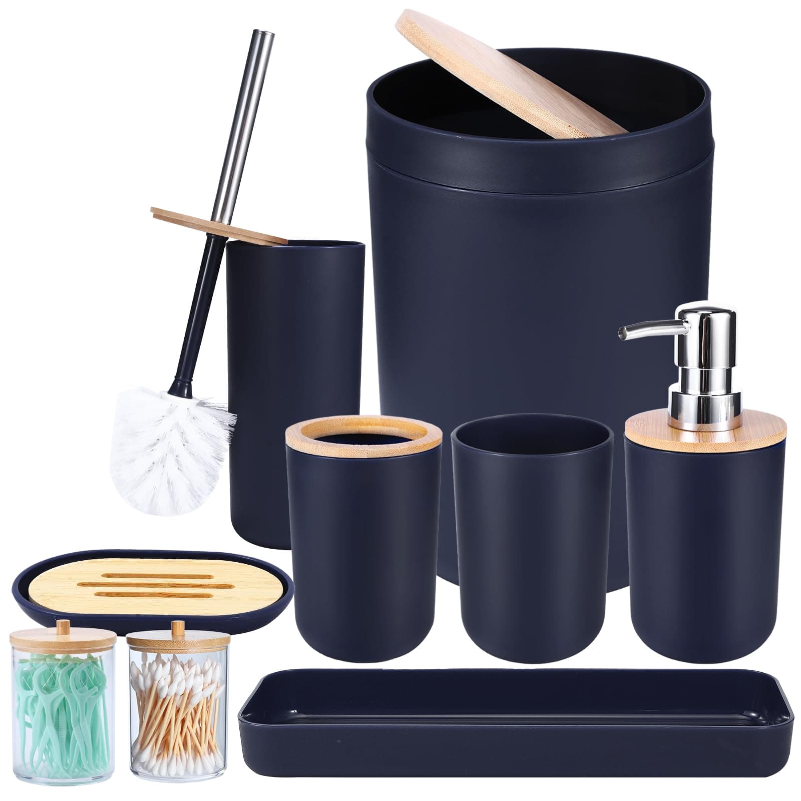 iMucci Bathroom Accessories Set Navy Blue Bathroom Decor Sets with Trash Can,Toilet Brush,Toothbrush Holder, Lotion Soap Dispenser, Soap Dish,Toothbrush Cup,Vanity Tray,Qtip Holder