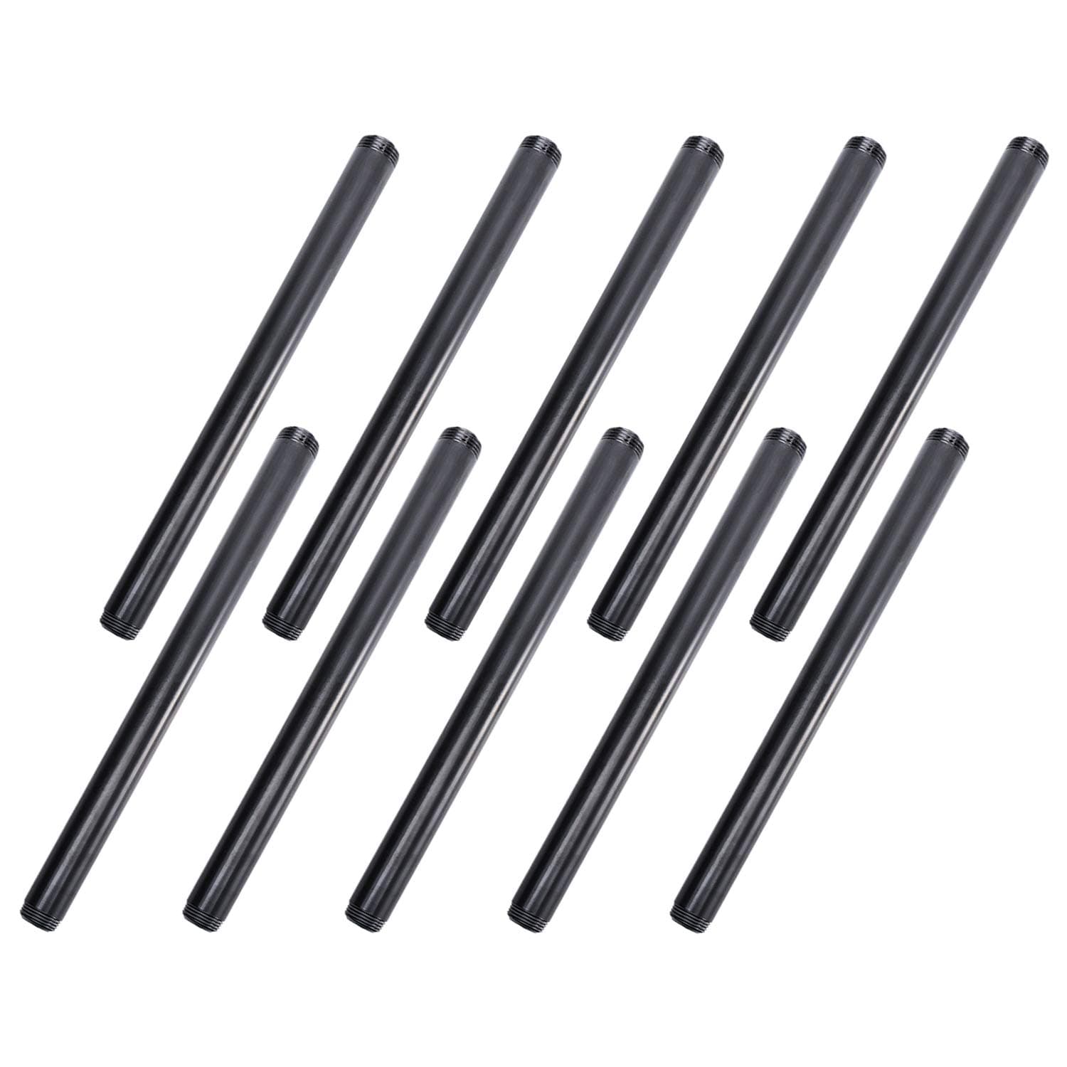 1"x16" Black Painted Iron Pipe, Home TZH 10 Pack Threaded Black Metal Pipe Nipple for DIY Project/Furniture/Shelving Decoration (10, 16")