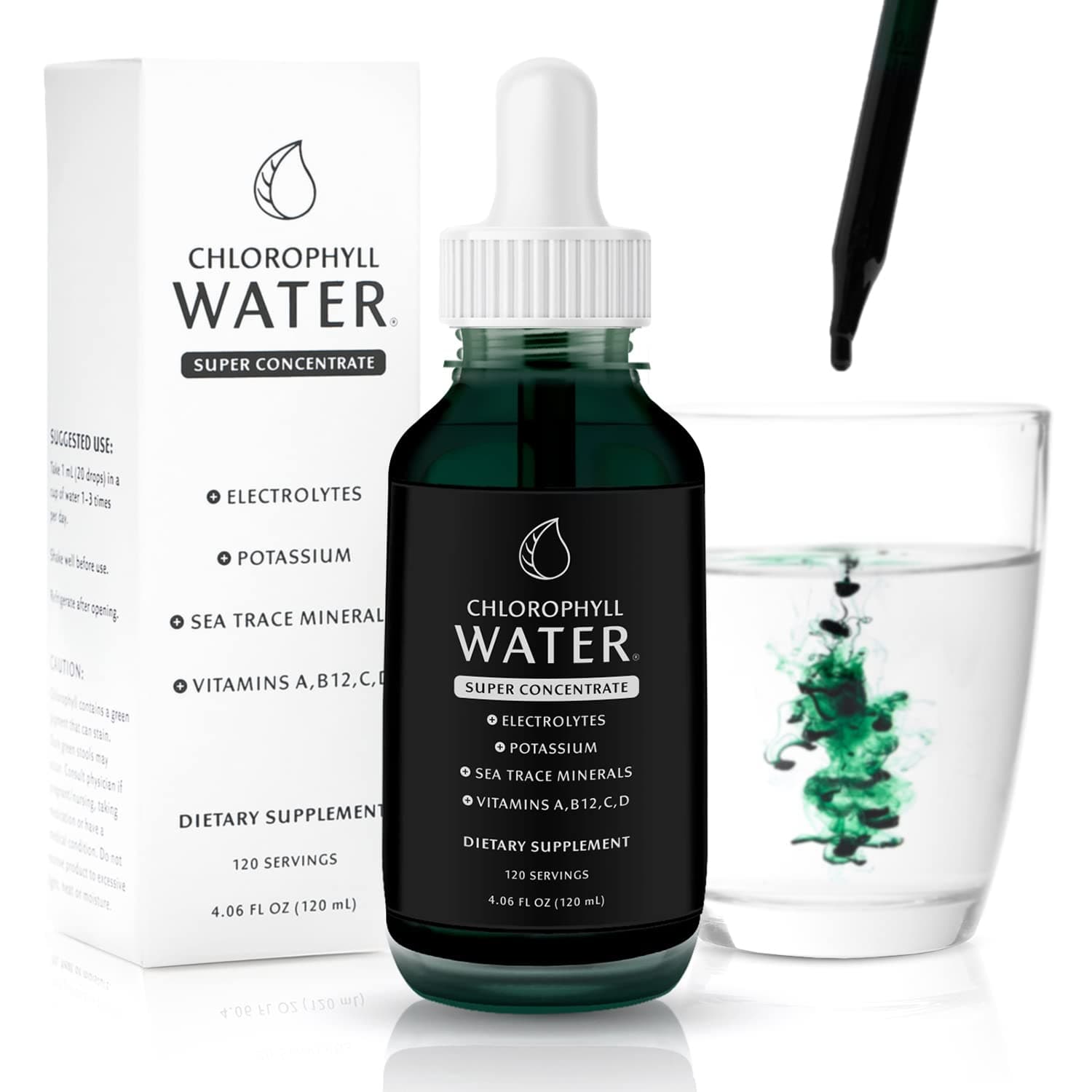 Chlorophyll Water Drops - Liquid Chlorophyll Drops (12,000mg) for Natural Detox, Immune and Energy Support with Antioxidants, Electrolytes, Potassium, Sea Trace Minerals & Vitamins A, B12, C & D3
