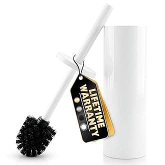 Stainless Steel Toilet Brush and Holder Set White - Long Handle Toilet Bowl Cleaner Brush and Holder - Removable Inner Liner, Shiny Design, Splash Protection & Dense Bristles for Bathroom Cleaning