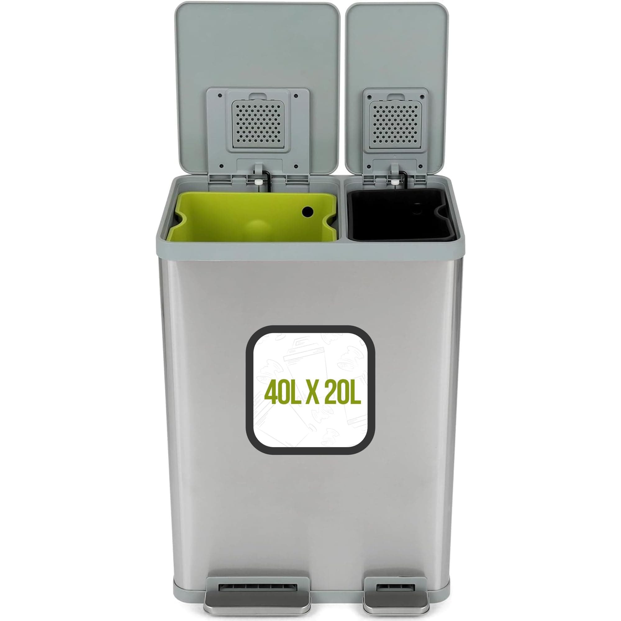 60 Liter / 16 Gallon Rectangular Hands-Free Dual Compartment Recycling Kitchen Step Trash Can with Soft-Close Lid, Brushed Stainless Steel (40L + 20L Capacity)