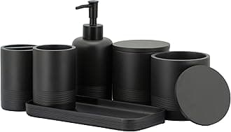 ZCCZ - Black Matte Bathroom Accessories Set 6 Pcs - Toothbrush Holder, Lotion Soap Dispenser, 2 Qtip Holder Dispenserr, Vanity Tray, Bathroom Tumbler - Decorative Countertop Vanity Organizer