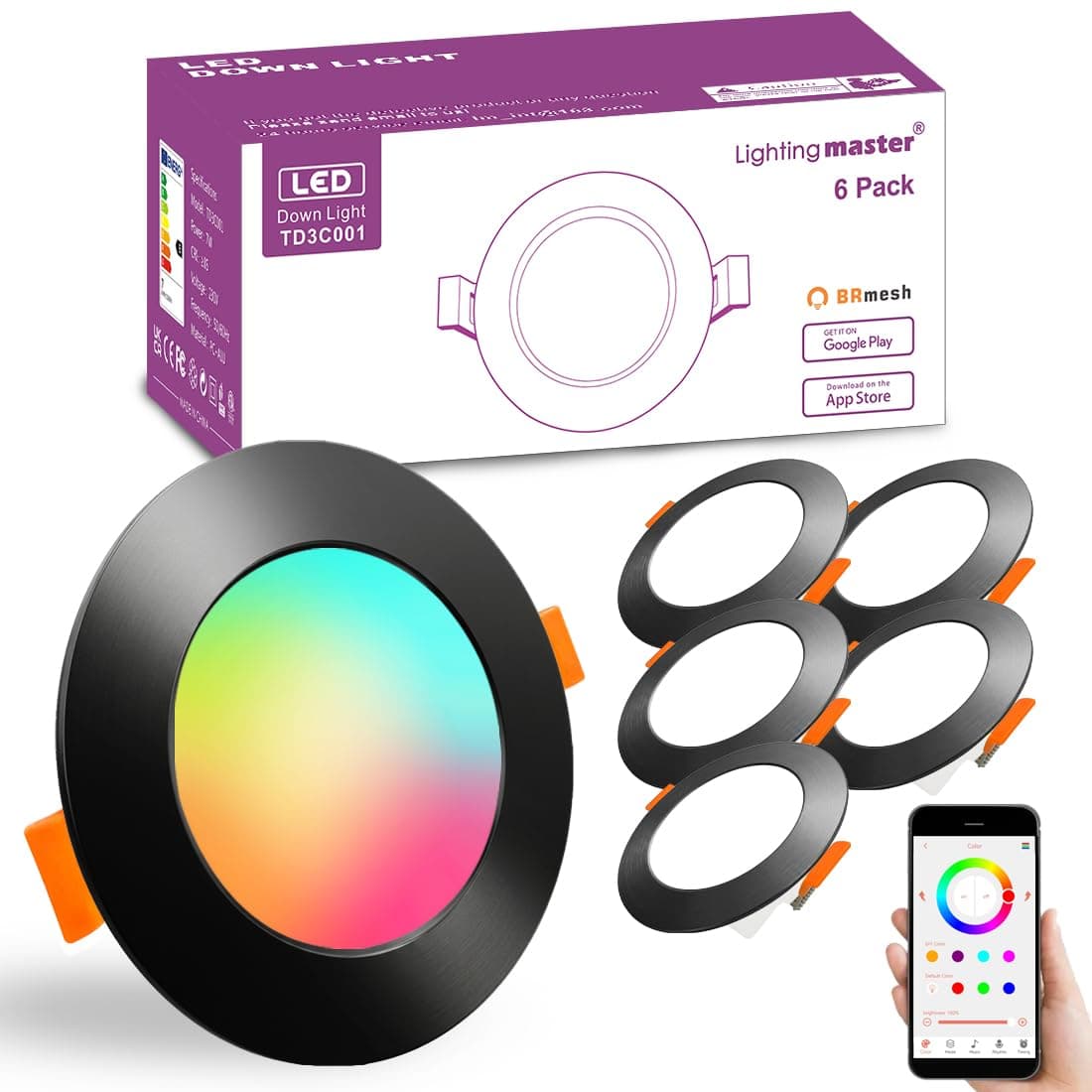 Led Downlights for Ceiling 3 inch 7W for Alexa，Bluetooth Smart Ceiling Spotlights By APP control，Recessed Lights Warm to Daylight White Adjustable - Colour Changing RGB Lights (cutout φ68-85mm) 6pack