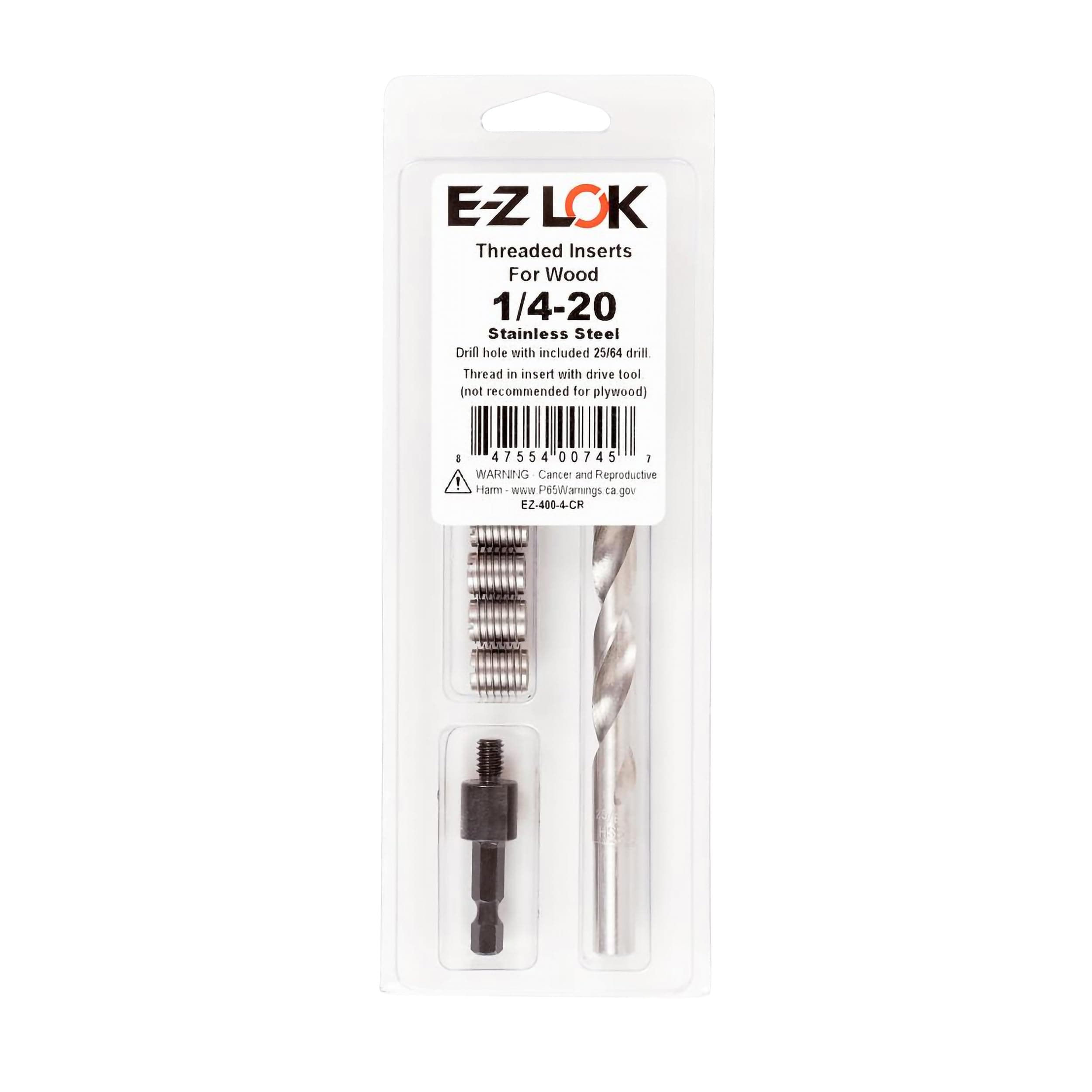 E-Z LOK 400-4-CR Threaded Inserts for Wood, Installation Kit, Stainless Steel, Includes 1/4-20 Knife Thread Inserts (6), Drill, Installation Tool