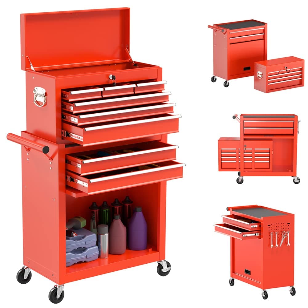 On Shine 8-Drawer Rolling Tool Chest,Big Tool Chest and Tool Storage Cabinet,Tool Chest with 4 Wheels,Removable Portable Top Box with Lock Tool Chest for Garage and Warehouse (Red)