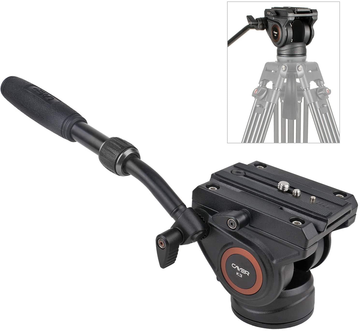 Cayer K3 Video Camera Fluid Drag Pan Head with 1/4 and 3/8 inches Screws Sliding Plate, 75mm Flate Base for DSLR Cameras, Camcorder, Monopod and Tripods, Max Loading 13.2LB