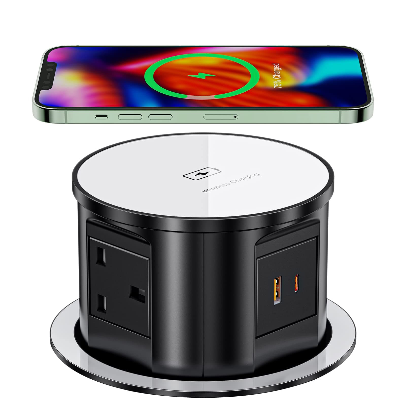 Pop Up Socket for Kitchen Countertops, Ohuo Concealed Built-in Power Socket with Wireless Charger, 4 UK Plugs, USB-C, 1.8M Cable