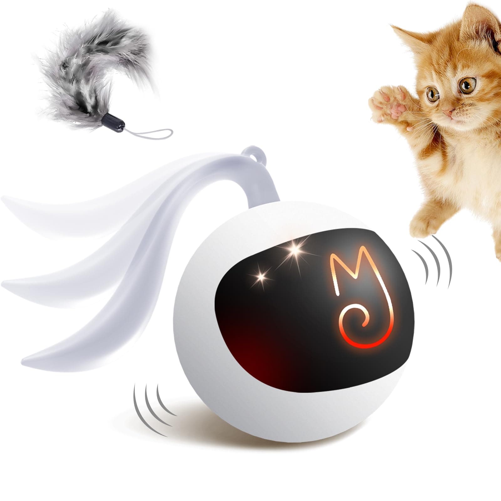 Migipaws Interactive Cat Ball Toy Set, Fun Tracker, Automatic Rolling Chase Ball with Fluffy Tail, A Small Mice, Rechargeable (White)