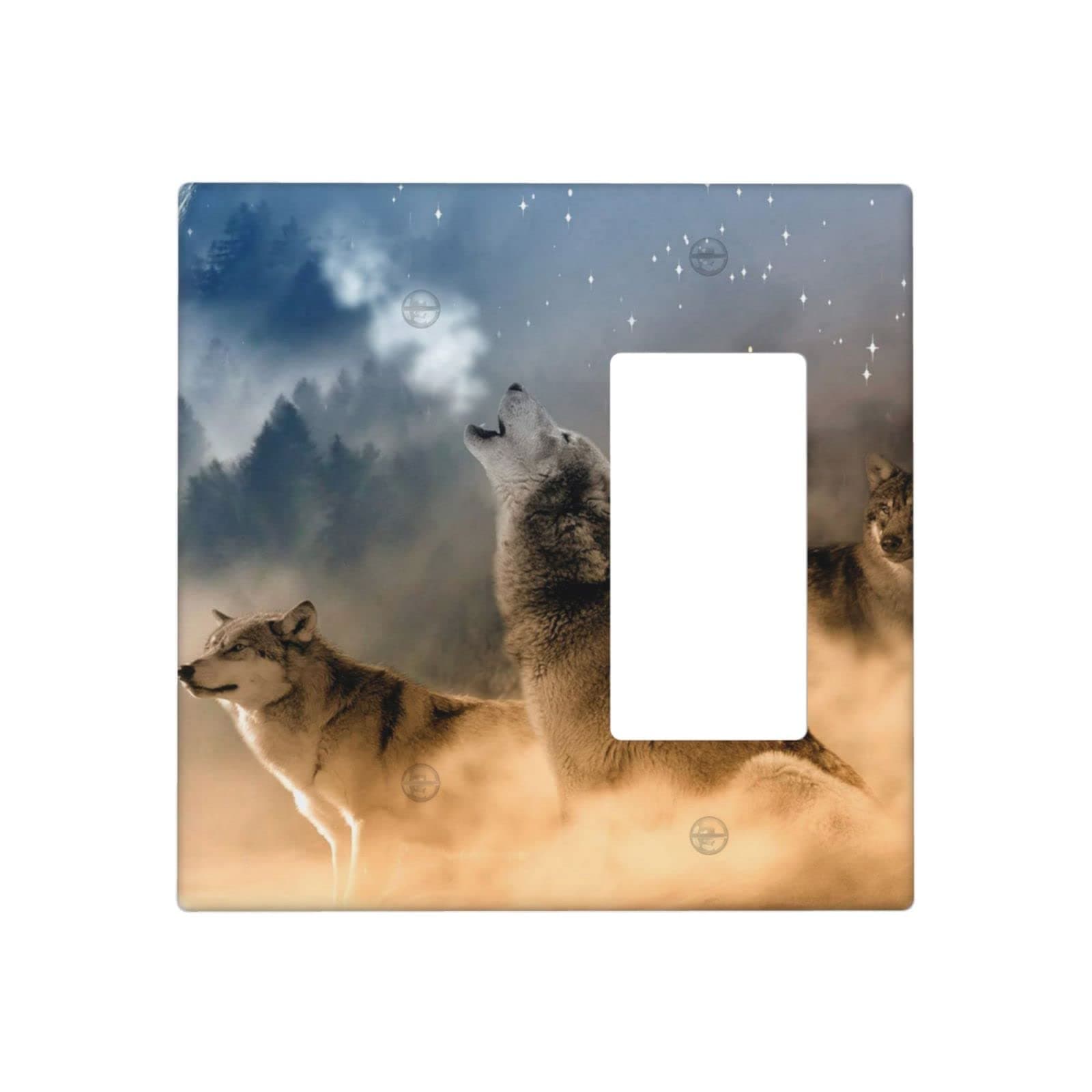 Wolf Combination Wall Plate Blank / Rocker Switchplate Covers 2 Gang Faceplate Funny Decorator House KitchenArt Wallplate Standard Size 4.50" x 4.6" 1 Pack Grey