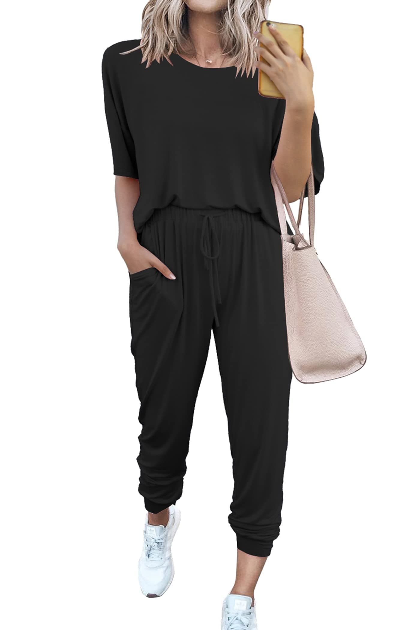 PRETTYGARDEN Women's 2 Piece Outfit Short Sleeve Pullover with Drawstring Long Pants Tracksuit Jogger Set
