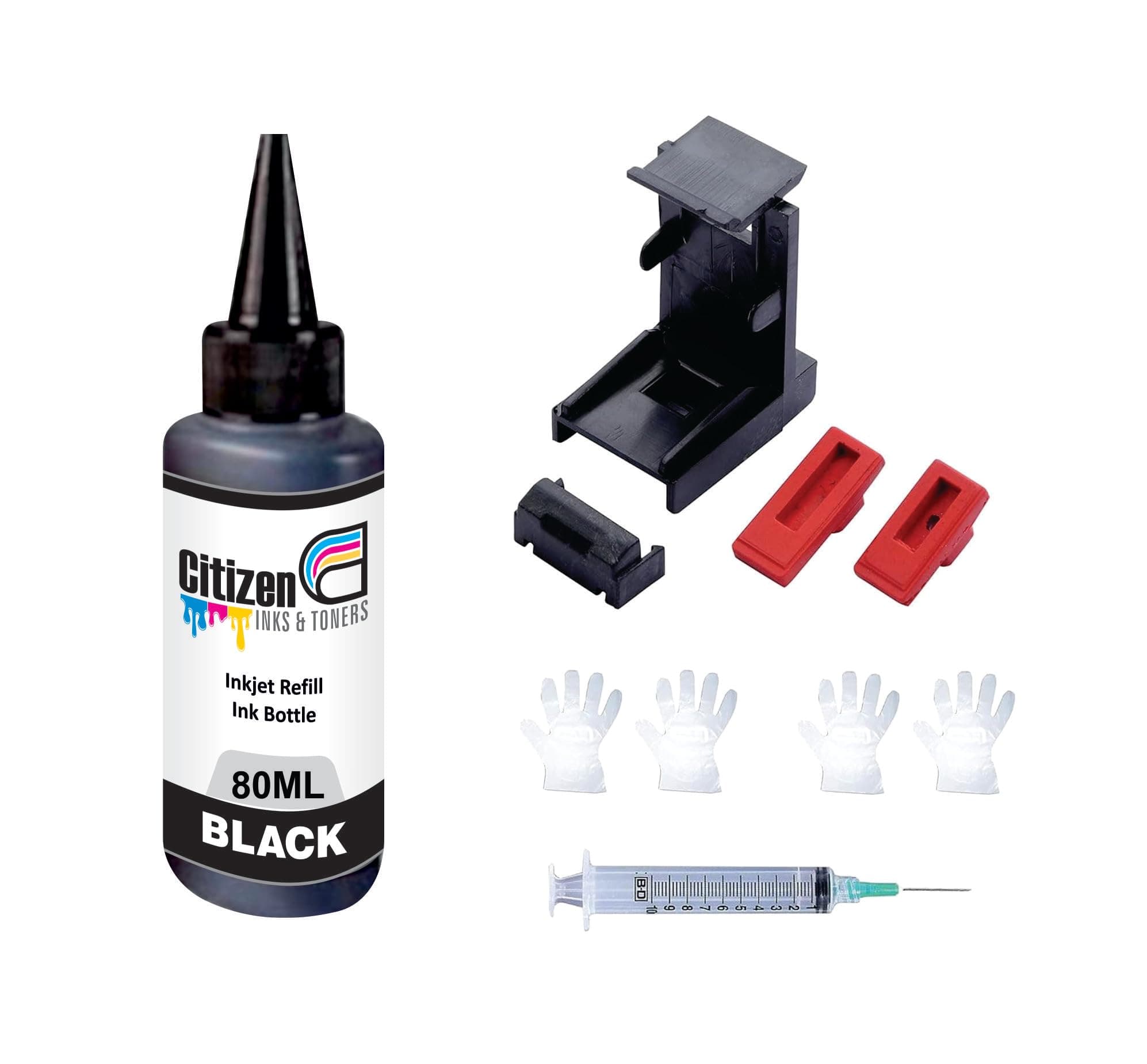 Refill Kit with Suction Tool Combo Pack of High Yield Inkjet Cartridge Ink Refill Compatible for HP and Canon Cartridge Printers - 80ml Per Bottle (1 Black +1 Syringe 1 Suction Tools)