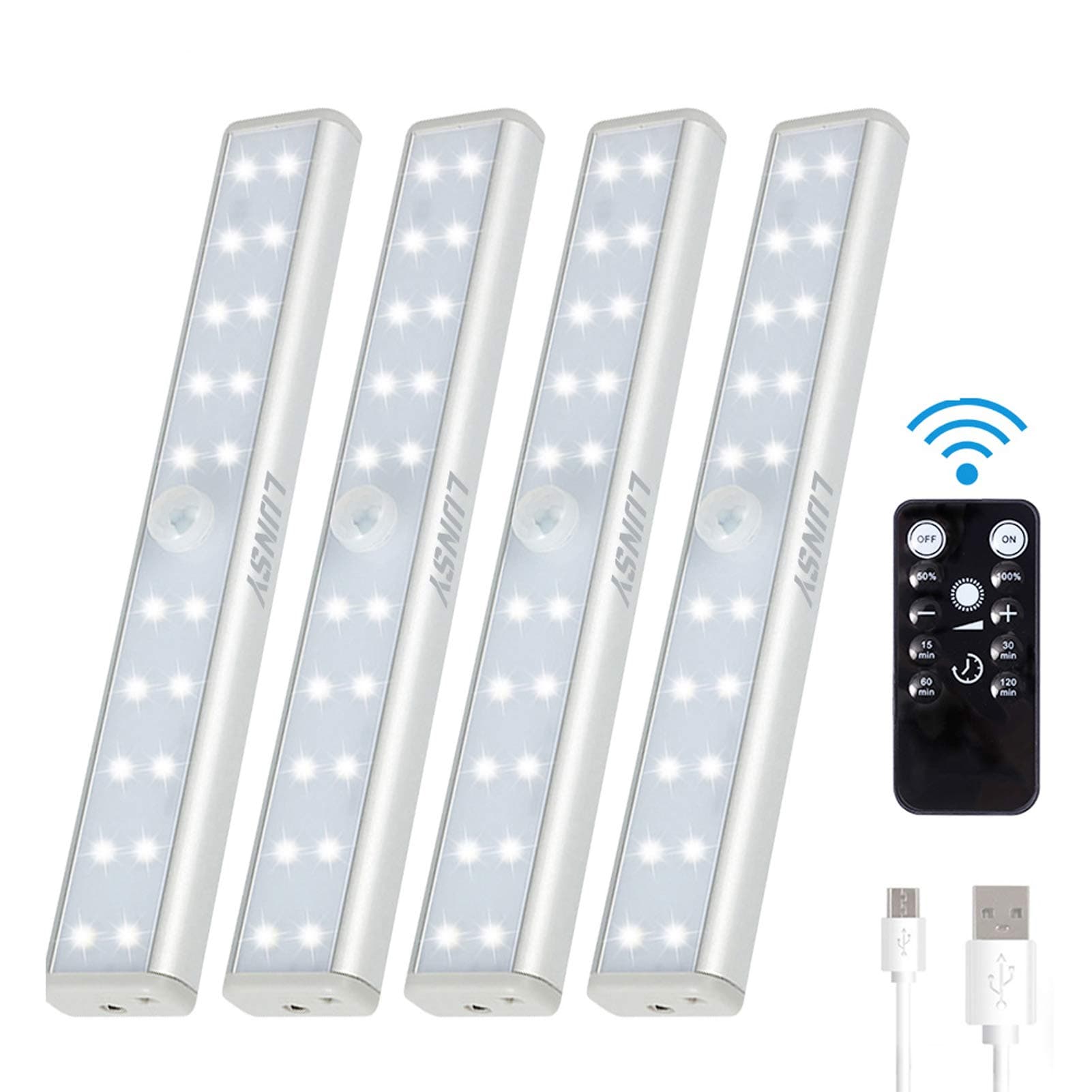 20LED Under Cabinet Lighting with Remote 4Pack, Rechargeable Battery Operated, Dimmable,140lm, Timmer，Wireless Closet Light Bar
